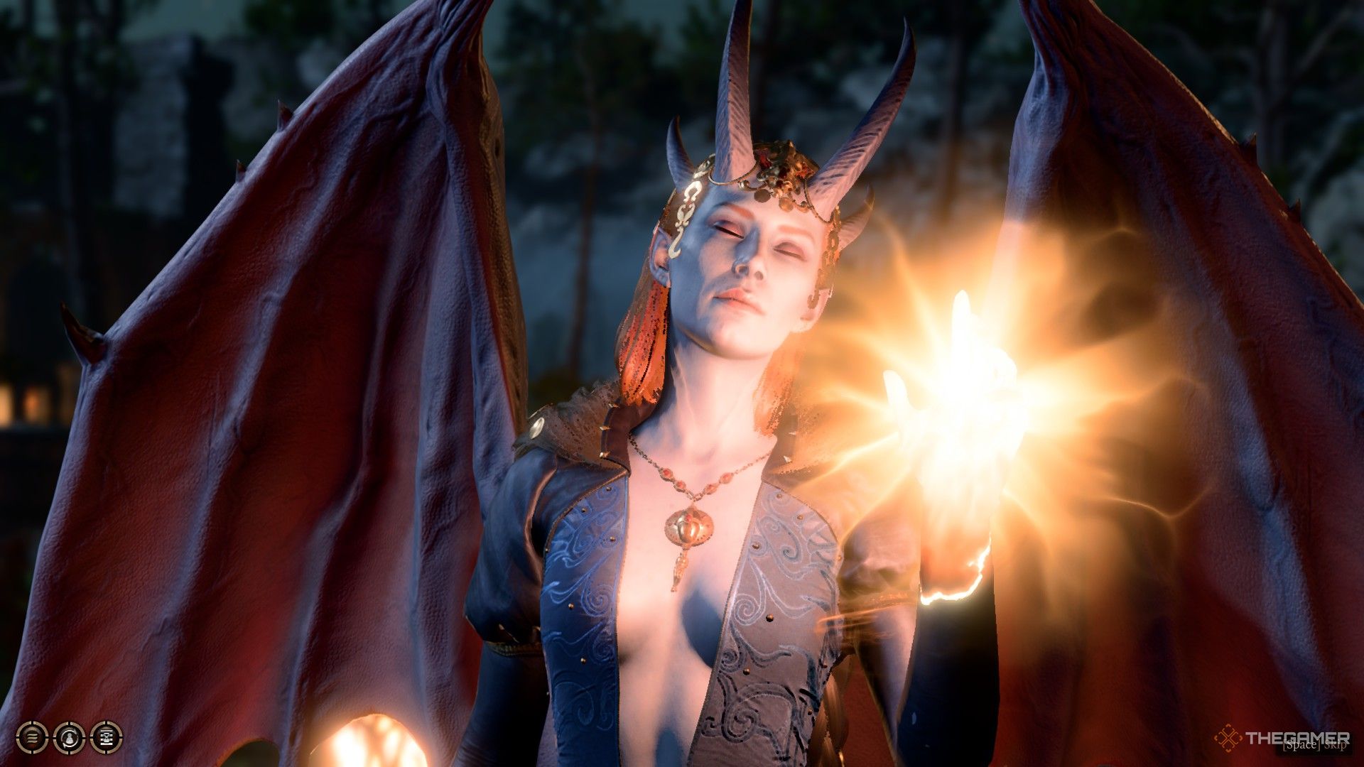 El diablo Mizora con su mano brillando, convocando a las Túnicas Infernales en Baldur's Gate 3.