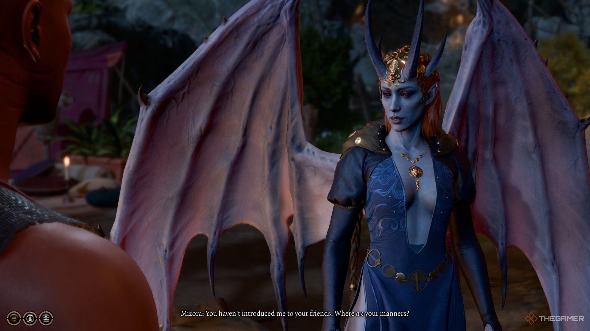 El diablo alado Mizora llega al campamento en Baldur's Gate 3.