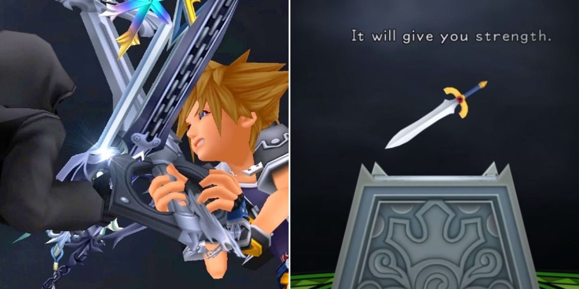 Kingdom Hearts Sora luchando contra un miembro de la organización y el pedestal de la espada.