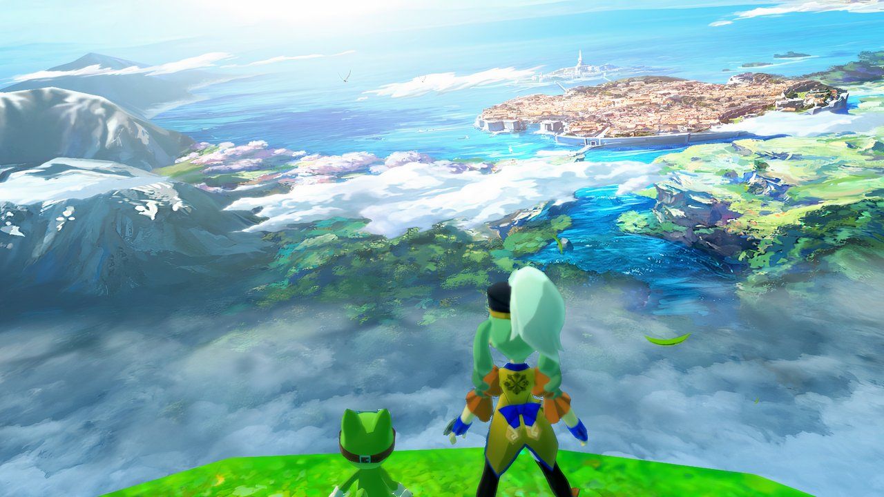 Navirou y una jinete contemplando el mundo en historias de cazadores de monstruos.