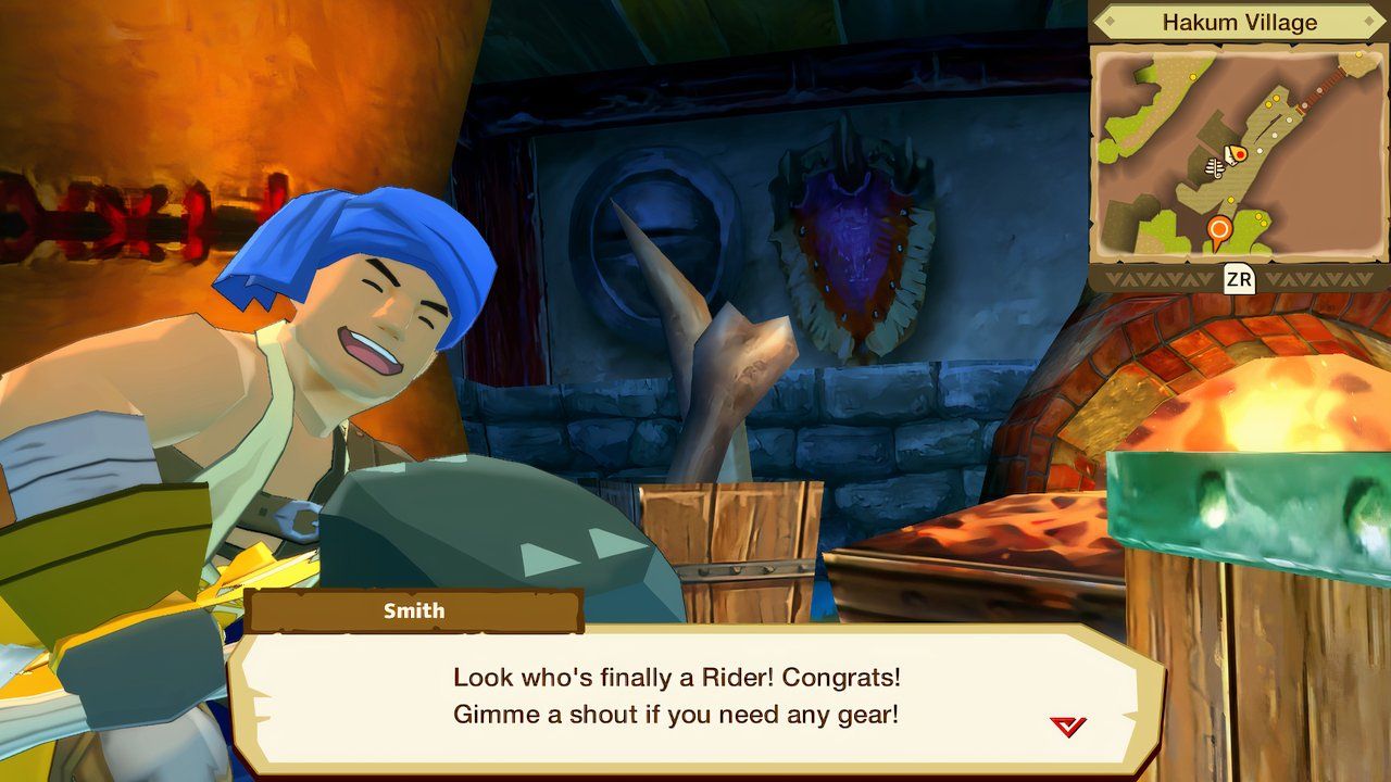Visitando al herrero en la aldea de Hakum en Monster Hunter Stories.
