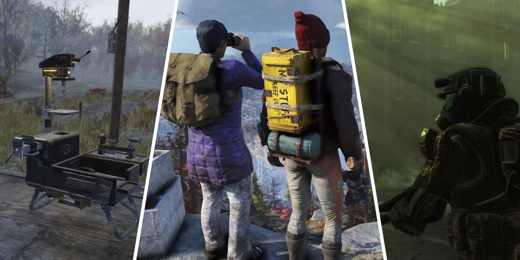 La mochila de Fallout 76 mostraba a dos personas paradas en un acantilado, un CAMP y un hombre caminando hacia una mansión.