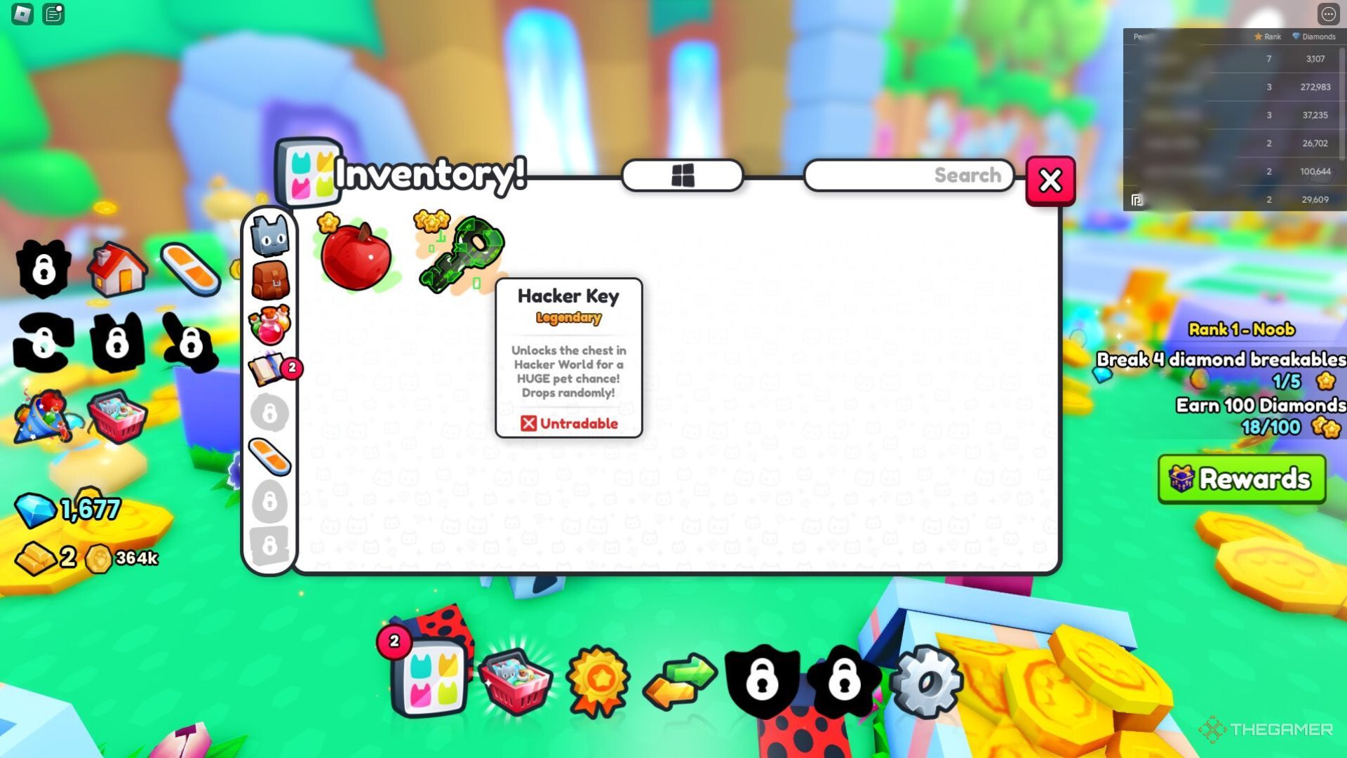 Hacker Key de Roblox Pet Simulator 99 en un inventario.