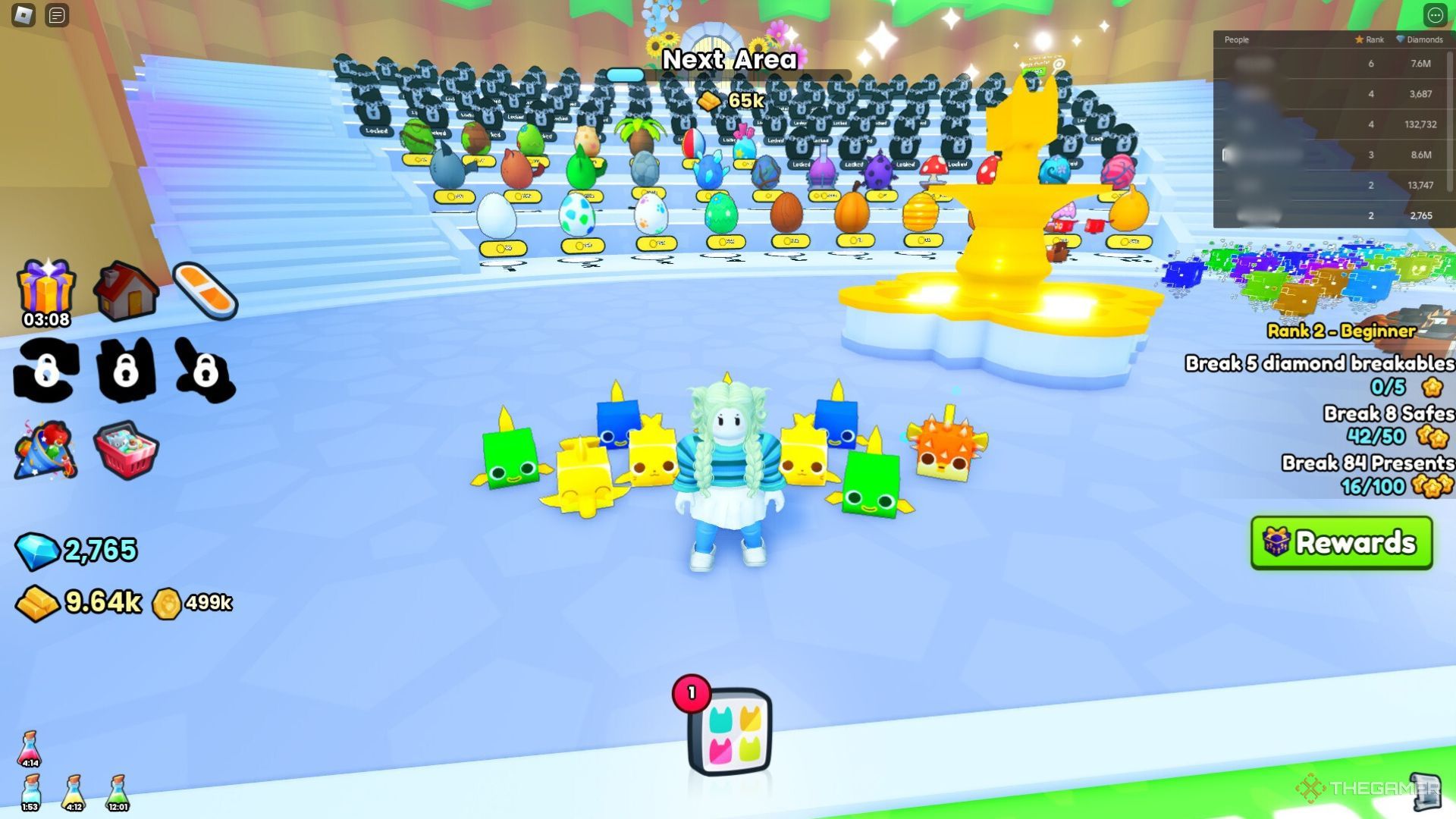 El personaje Roblox de Pet Simulator 99 con muchas mascotas. 