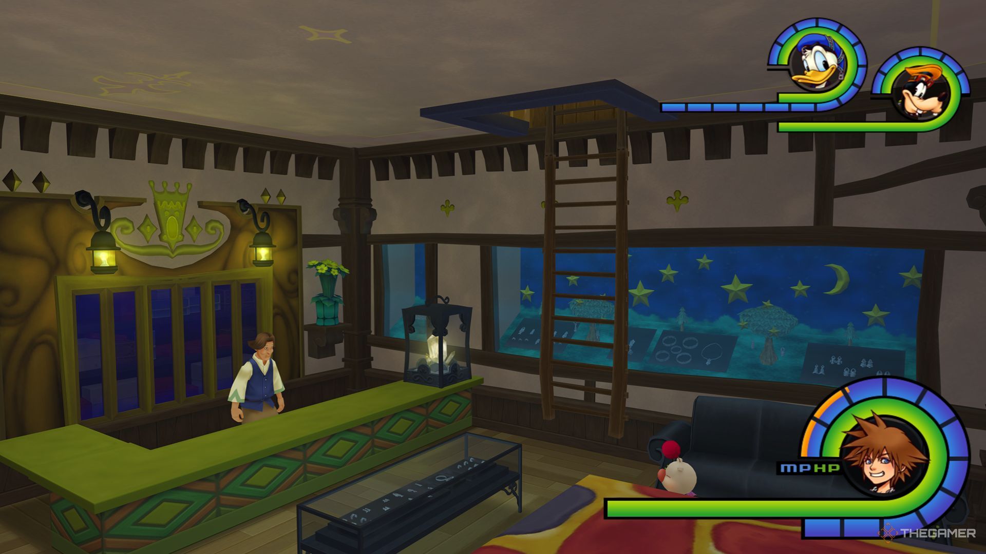 La escalera al taller de artículos baja a la tienda de accesorios en Kingdom Hearts Final Mix.