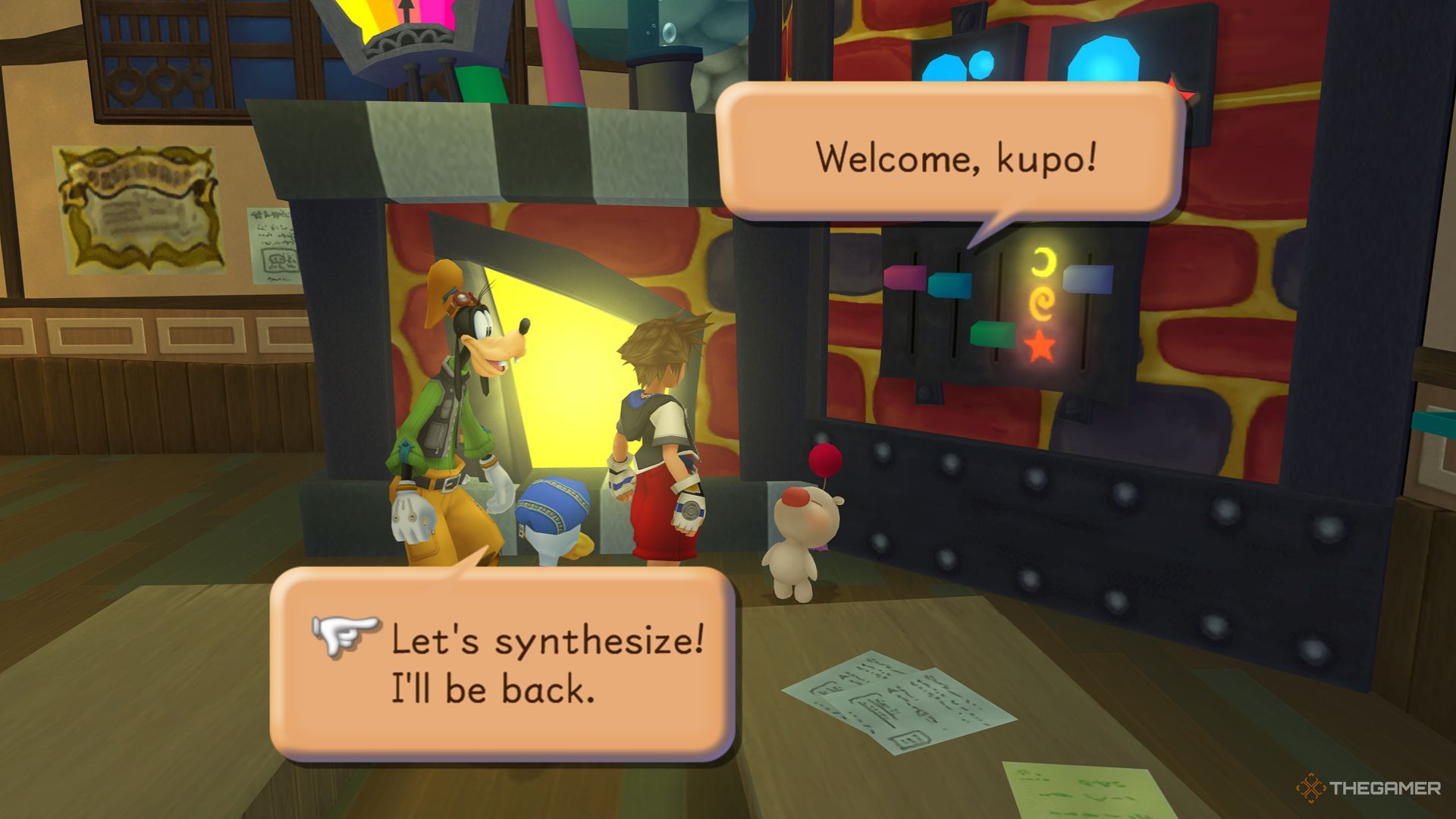 Un jugador hablando con el Moogle a cargo de Síntesis en el Taller de Objetos en Kingdom Hearts Final Mix.
