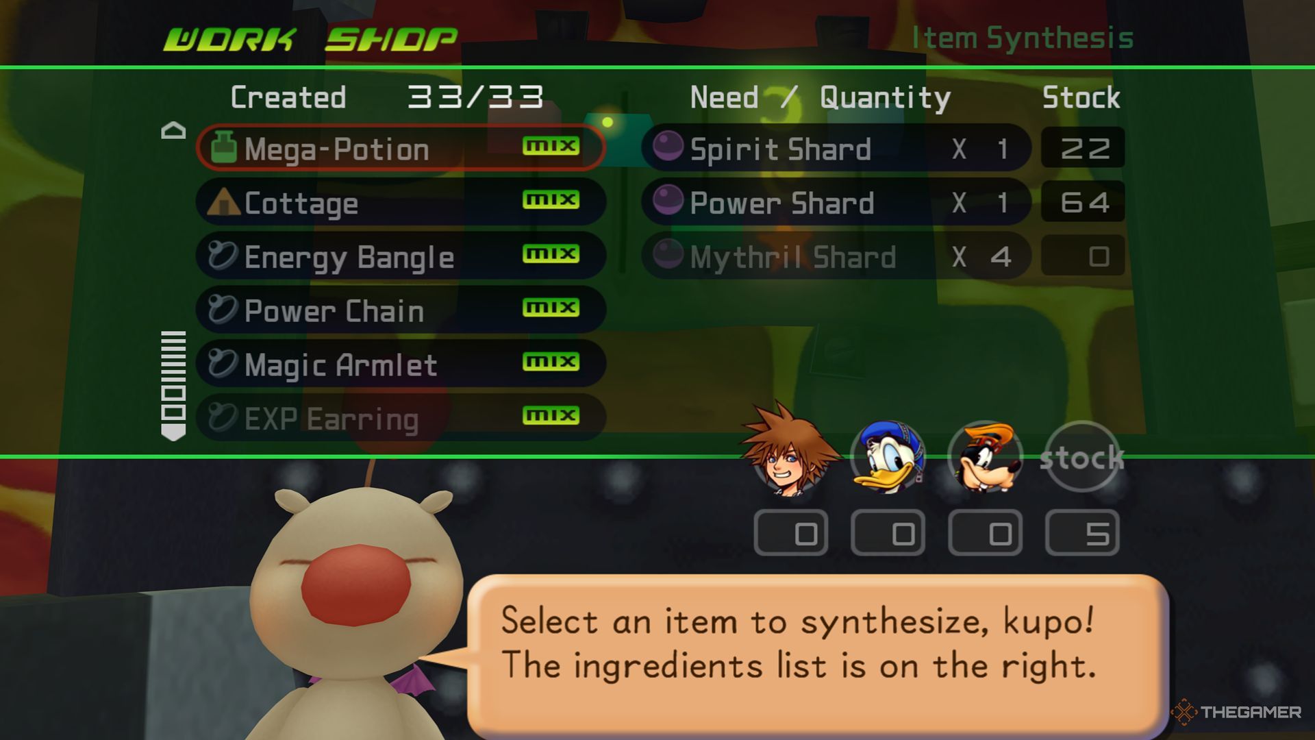 La primera oleada de elementos disponibles para síntesis en el Item Work Shop de Kingdom Hearts Final Mix.