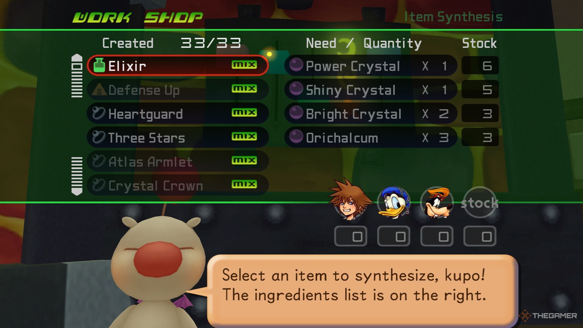La cuarta oleada de elementos disponibles para síntesis en el Item Work Shop de Kingdom Hearts Final Mix.