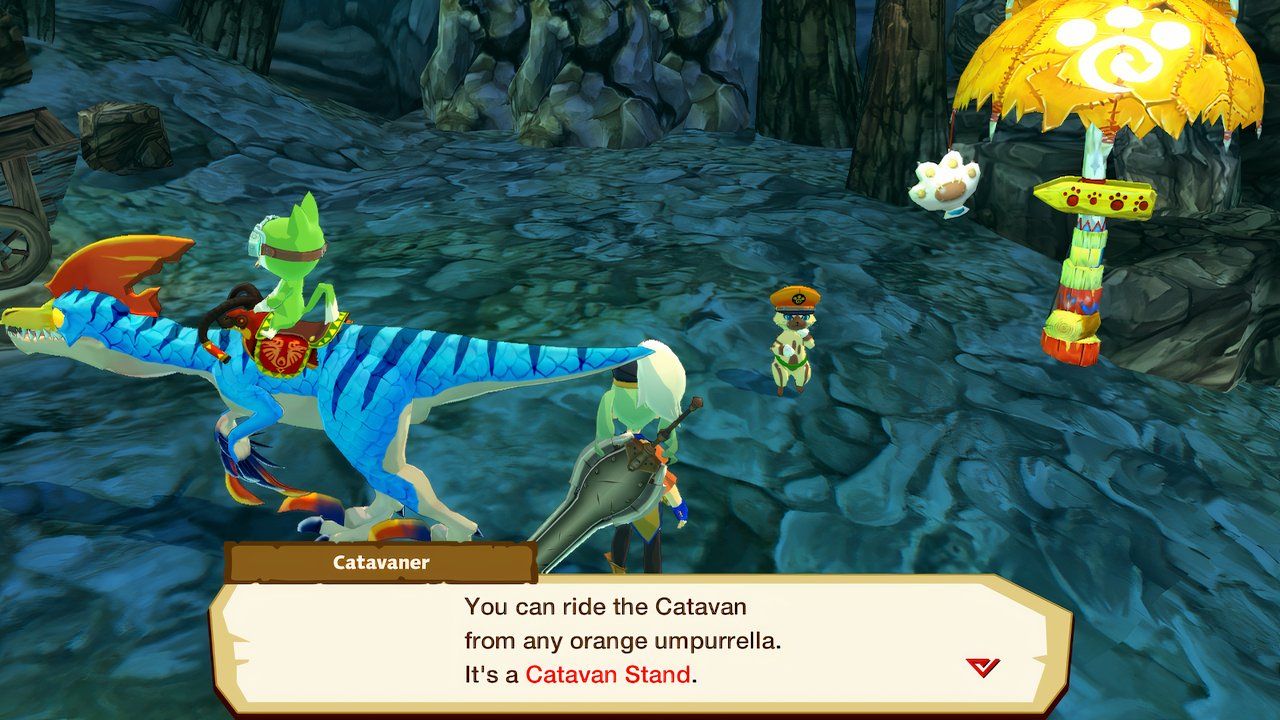 el conductor de la catavana explicando los paraguas de la catavana para viajar rápido en las historias de cazadores de monstruos