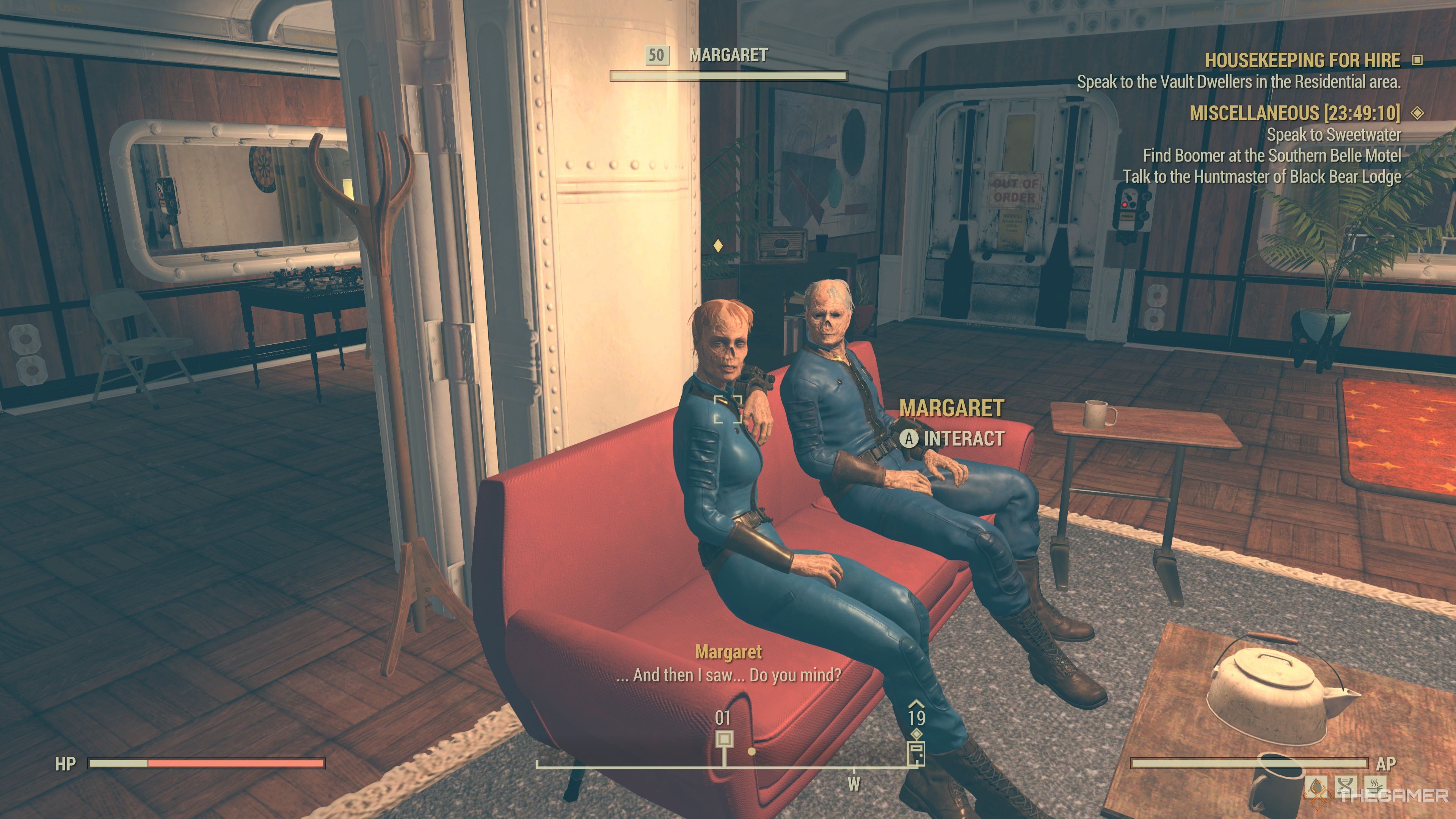 Hablando con Margaret y Julio en Fallout 76.