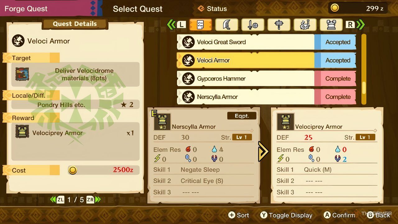 la pantalla de solicitud de forja en gildegaran en monster hunter stories