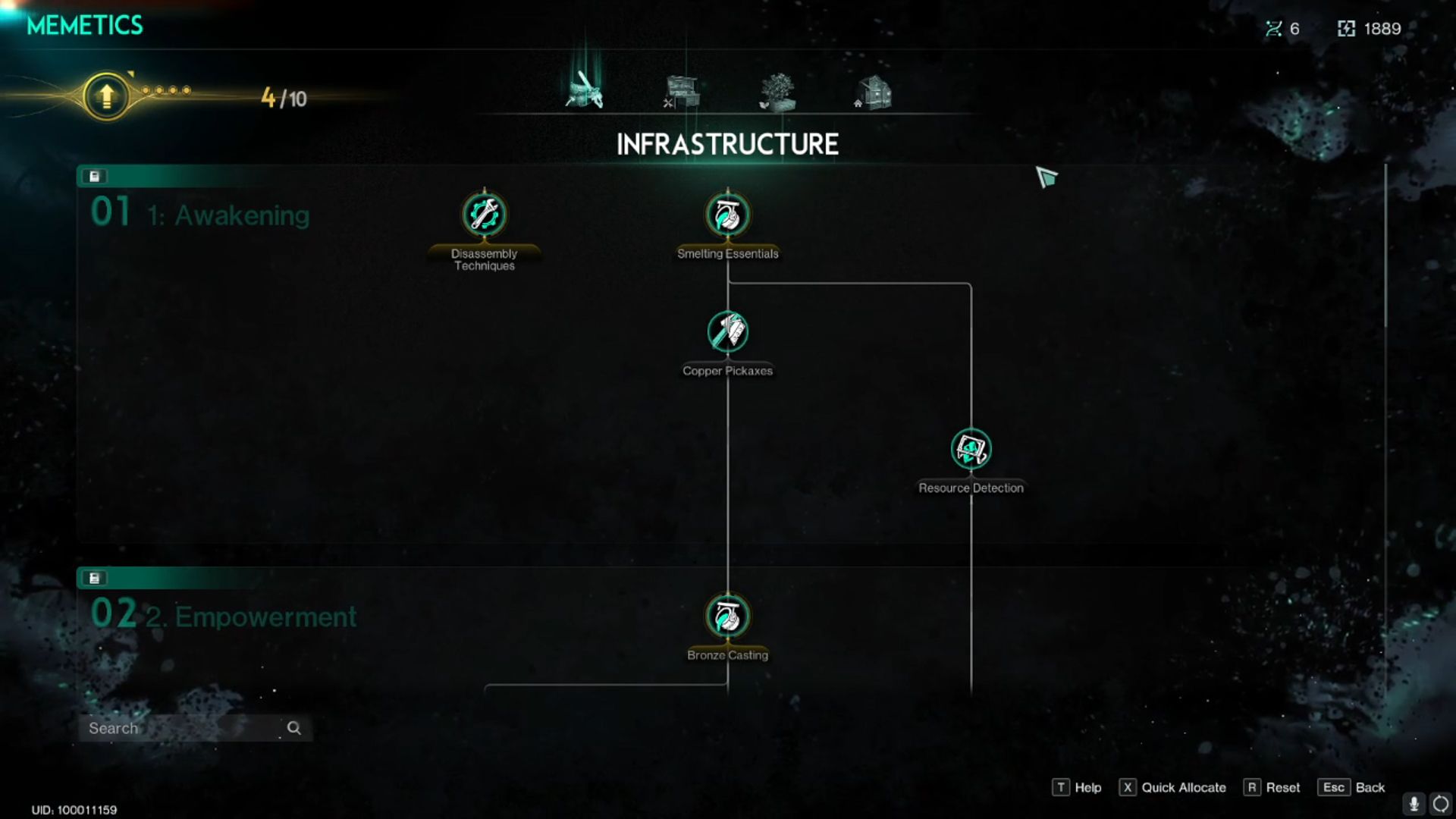 La pestaña Infraestructura en el menú Memética de Once Human.
