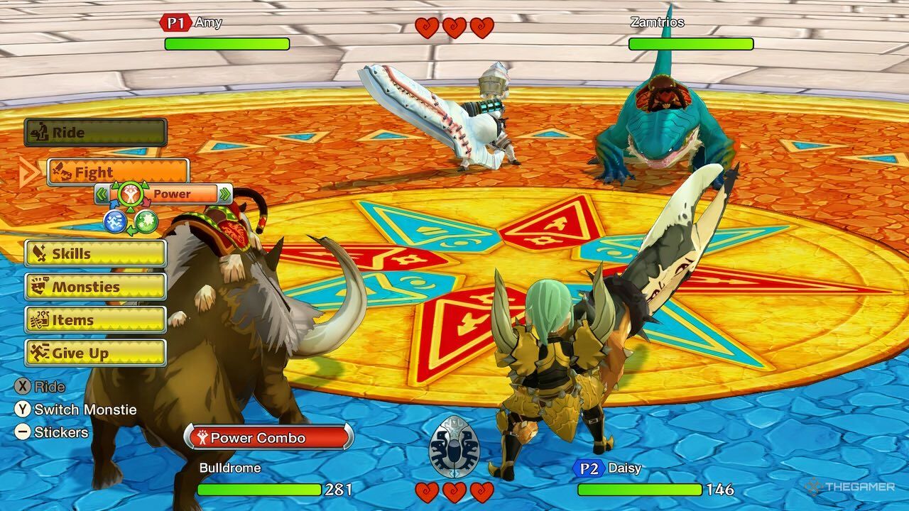 la arena durante una batalla en red en Monster Hunter Stories con un buldromo luchando contra un zamtrios