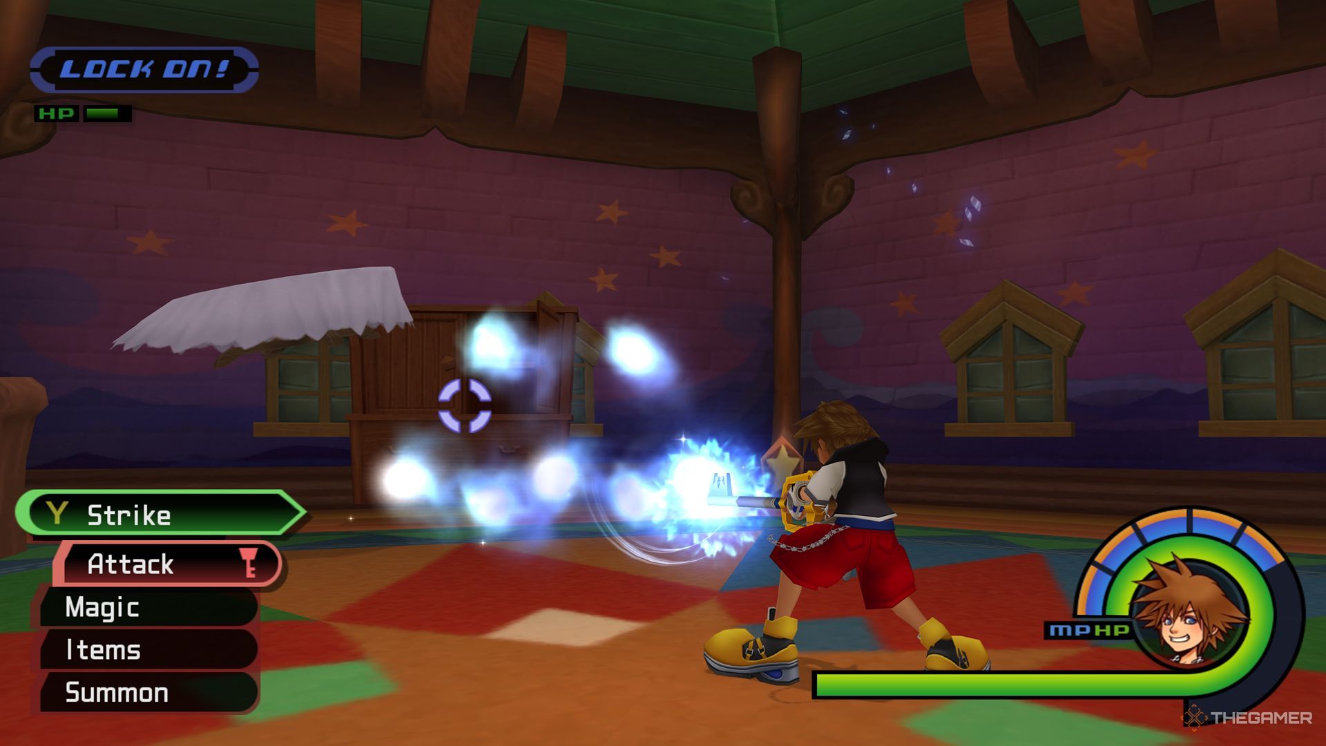 Un jugador lanza a Blizzaga a los muebles de Merlín en el Estudio del Mago en Traverse Town en Kingdom Hearts Final Mix.