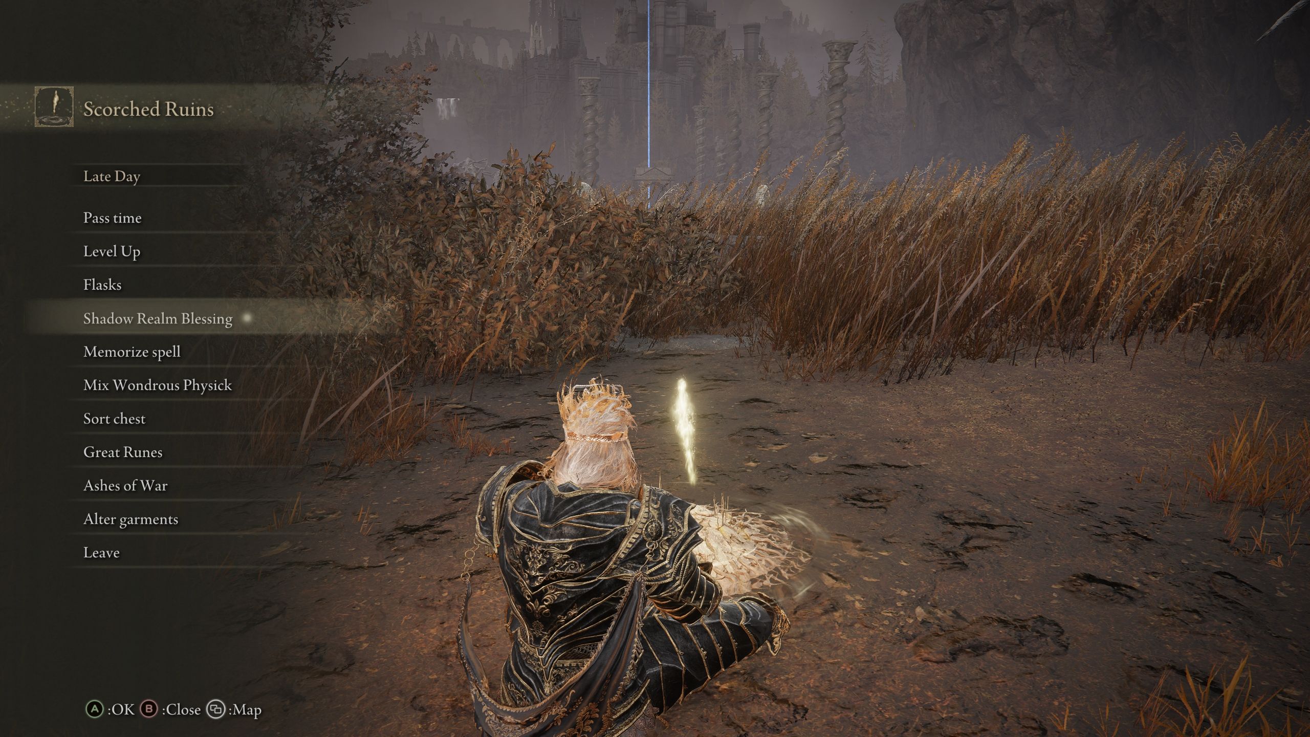 Una imagen de los Tarnished descansando en un sitio de gracia con la opción de usar la Bendición del Reino de las Sombras - Elden Ring Shadow of the Erdtree