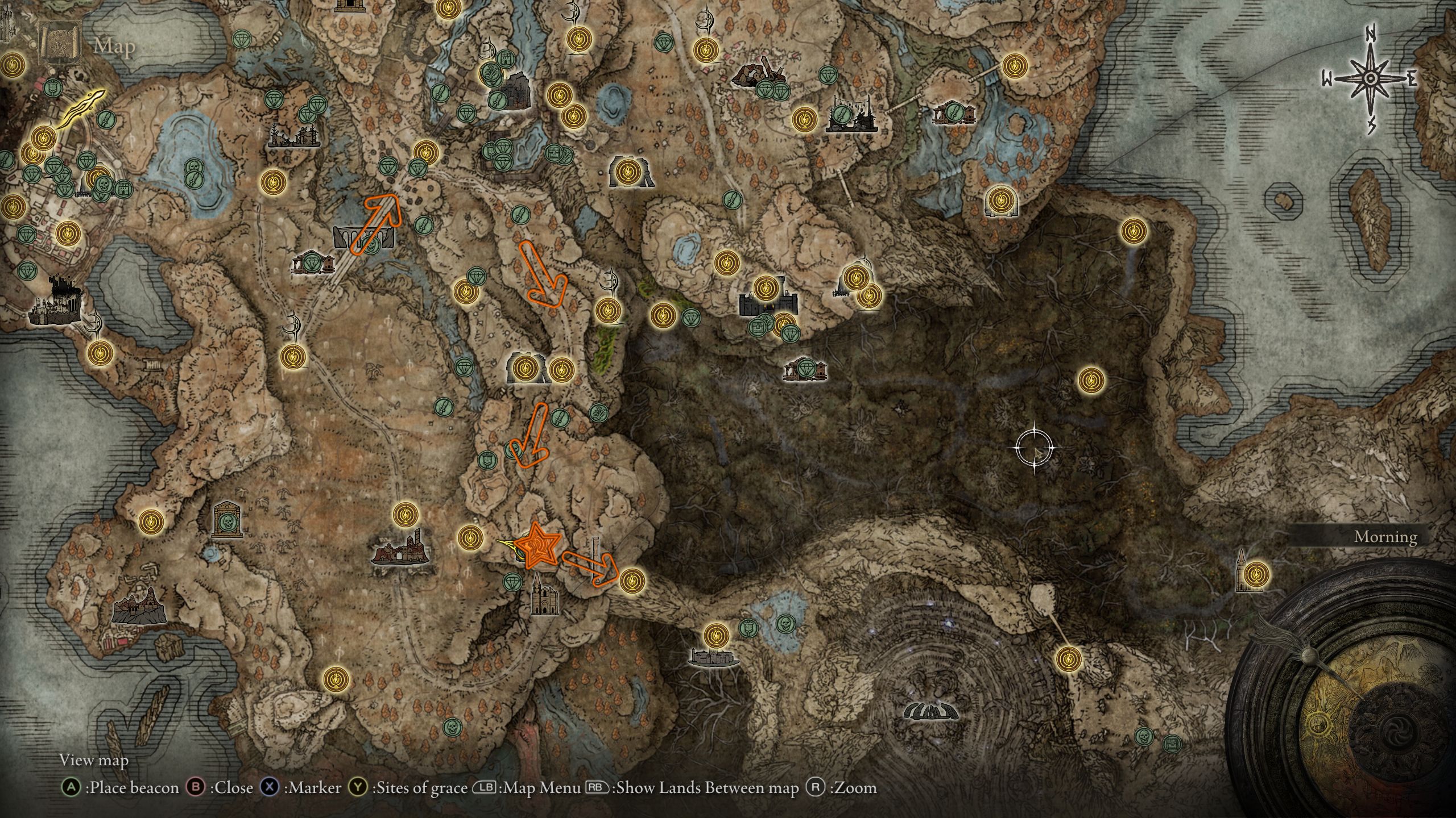 Mapa que muestra las direcciones para llegar al Jagged Peak - Elden Ring Shadow of the Erdtree