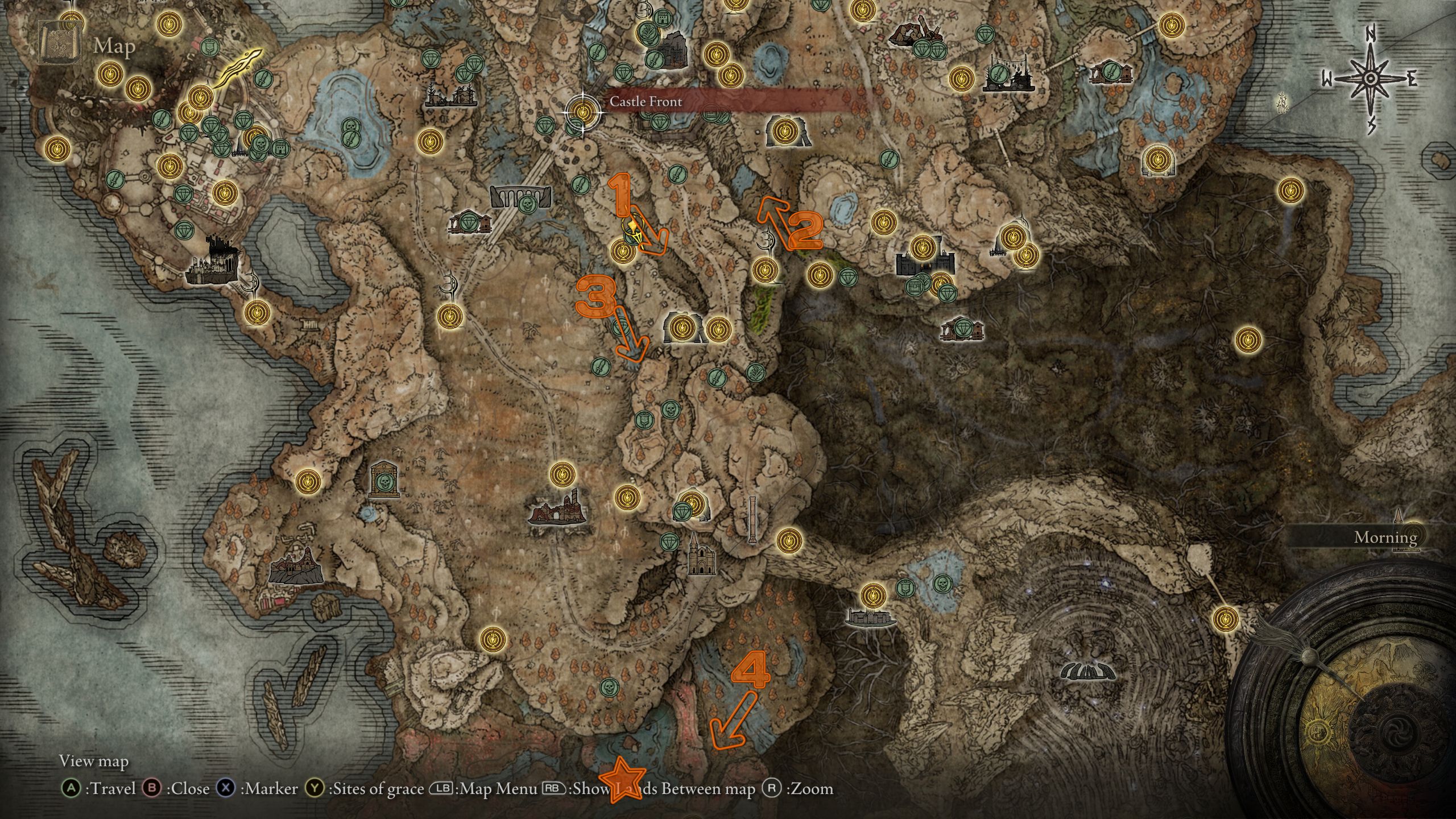Mapa que muestra el camino para llegar a la Costa Cerúlea - Elden Ring Shadow of the Erdtree