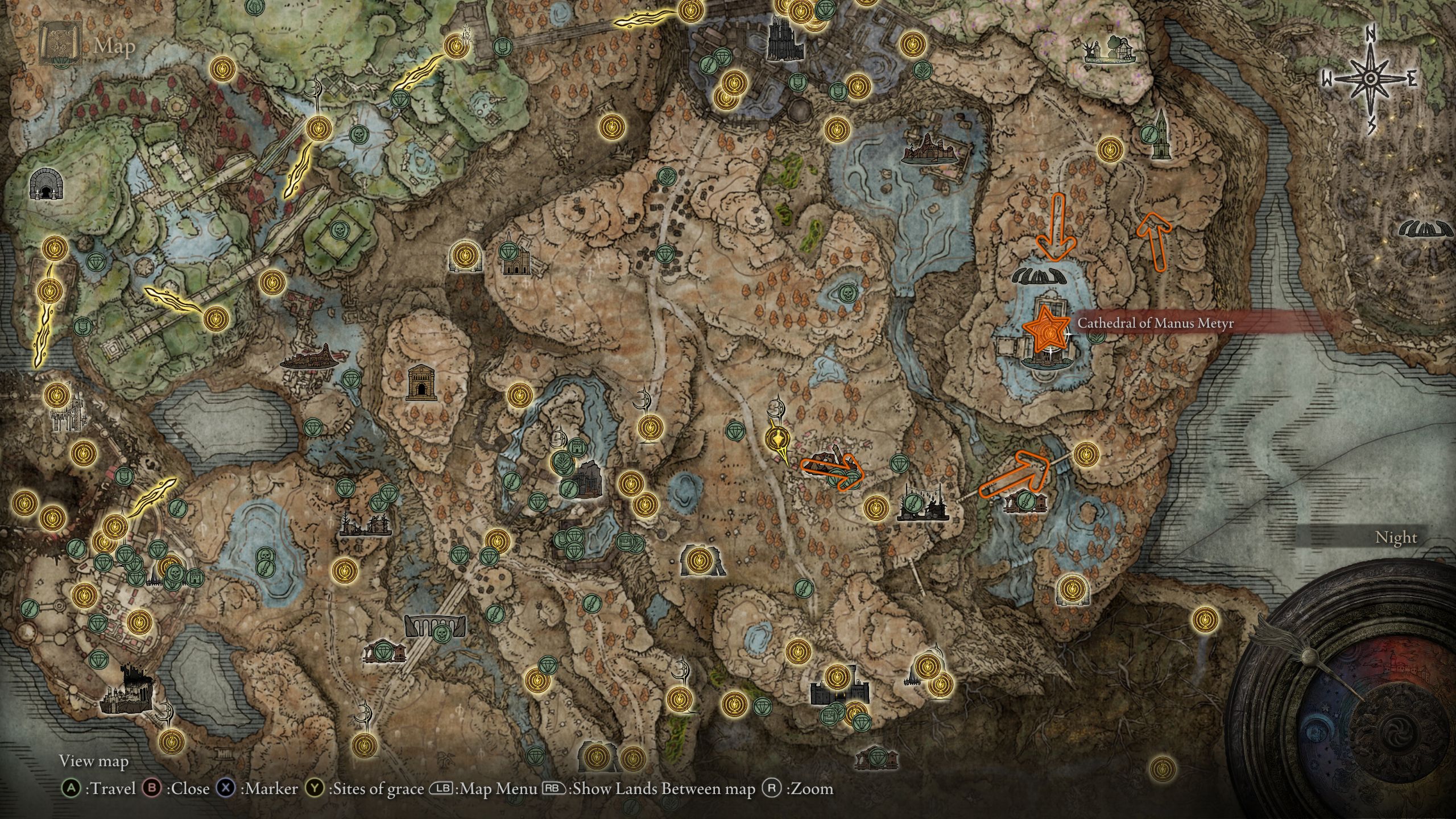Mapa que muestra el camino a la Catedral de Manus Metyr - Elden Ring Shadow of the Erdtree