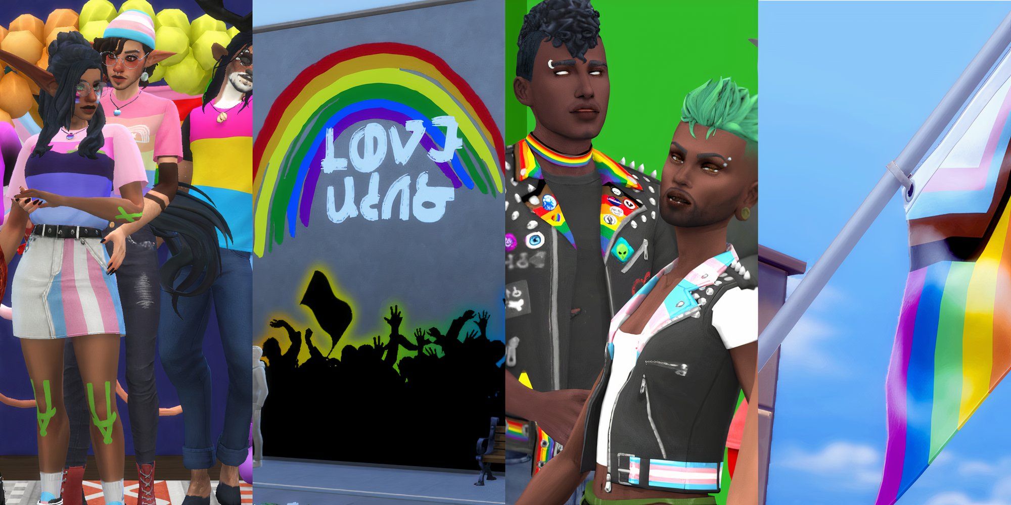 Collage de diferentes contenidos personalizados con temática del Orgullo LGBTQ en Los Sims 4