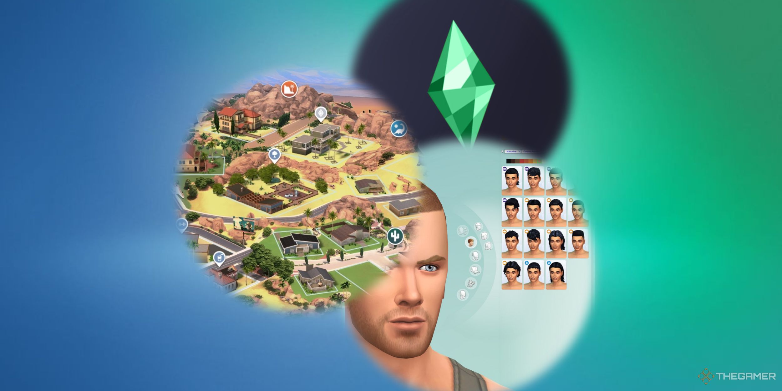 Una imagen de Los Sims 4 de tres modificaciones de interfaz de usuario diferentes, que incluyen más columnas CAS, un nuevo mapa y un modo oscuro para la interfaz de usuario.