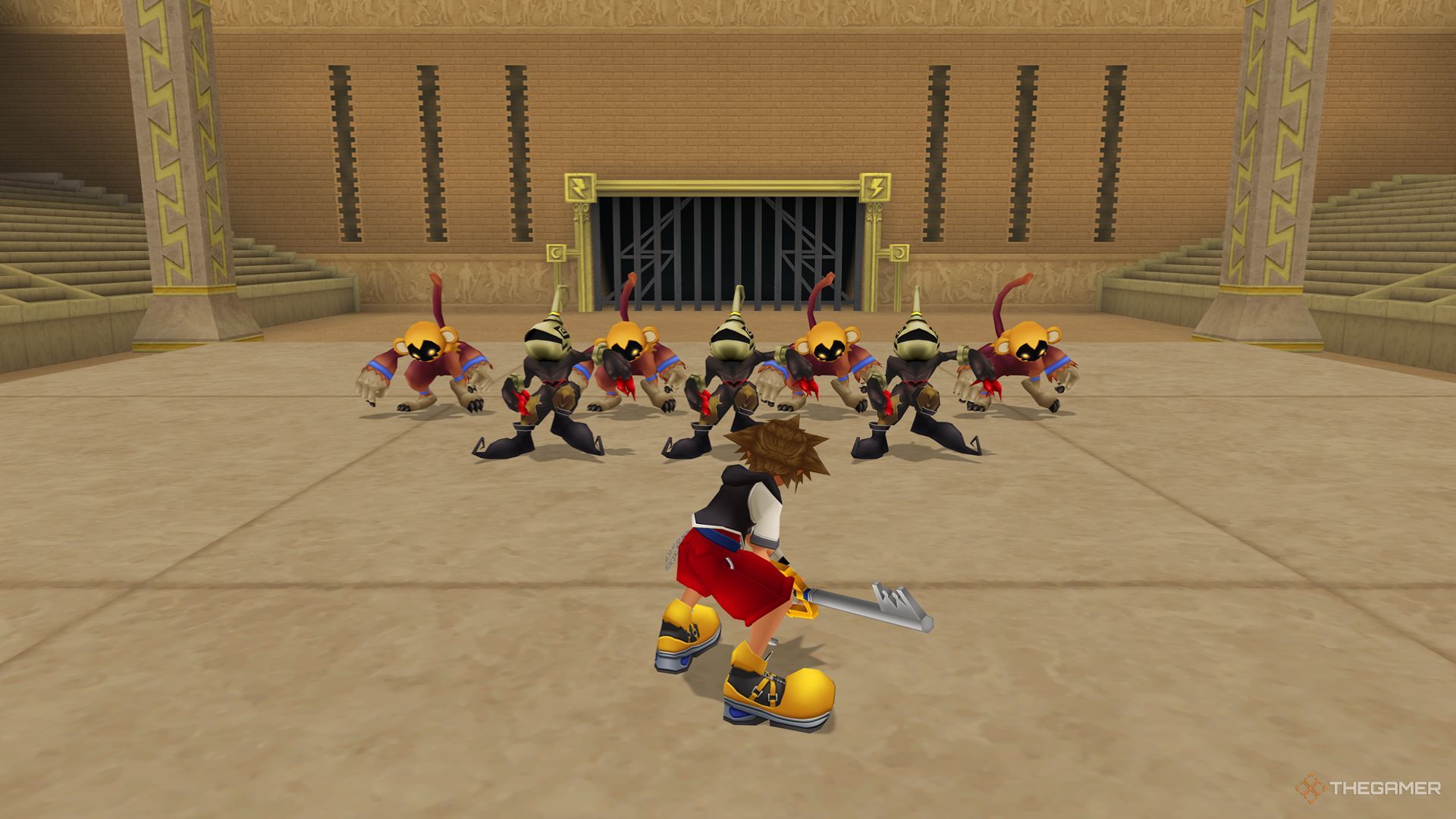 Sora se prepara para luchar contra el equipo Jungle Vice en la Copa Phil en el Olympus Colosseum en Kingdom Hearts Final Mix.