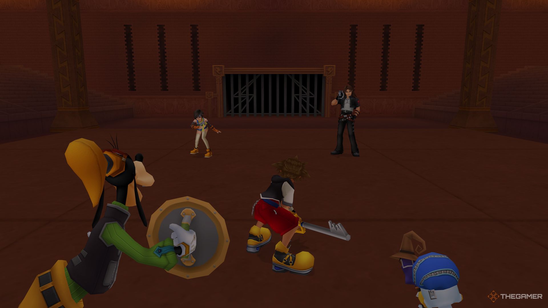 El grupo se prepara para luchar contra Leon y Yuffie en la Copa Pegasus en el Olympus Colosseum en Kingdom Hearts Final Mix.