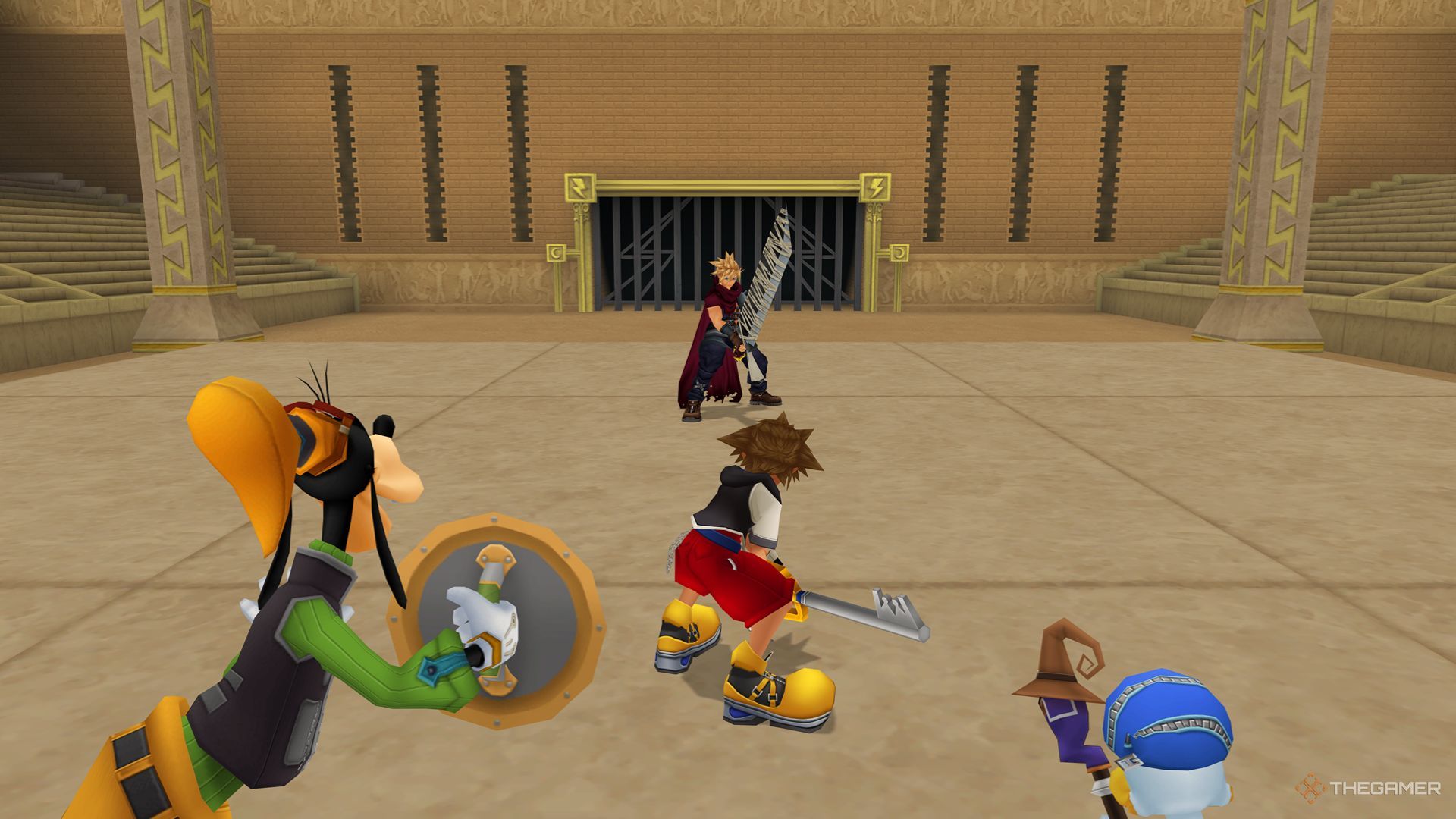 El grupo que se prepara para luchar contra Cloud en la Copa Hércules en el Olympus Colosseum en Kingdom Hearts Final Mix.