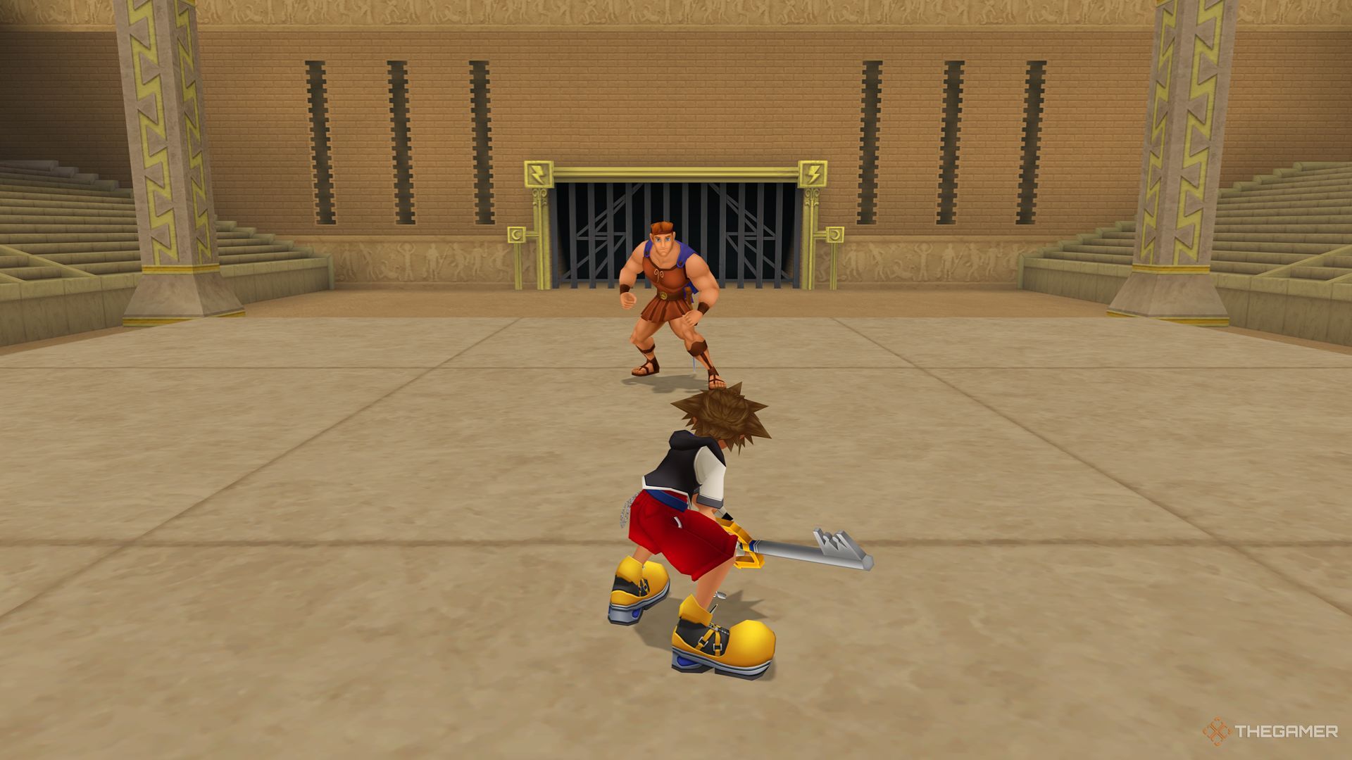 El grupo que se prepara para luchar contra Hércules en la Copa Hércules en el Olympus Colosseum en Kingdom Hearts Final Mix.