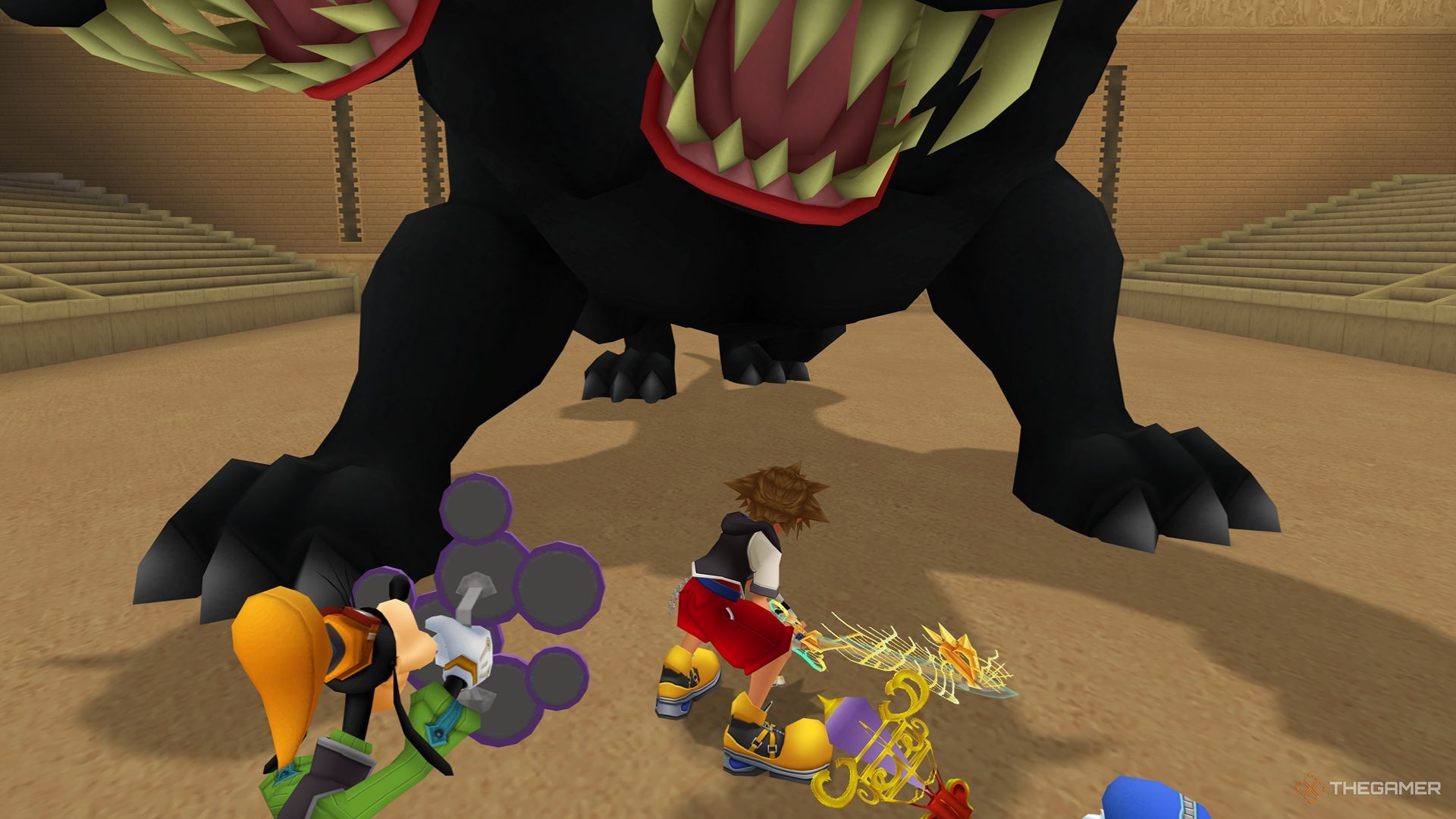El grupo que se prepara para luchar contra Cerberus en la Copa Hades en el Coliseo Olympus en Kingdom Hearts Final Mix.