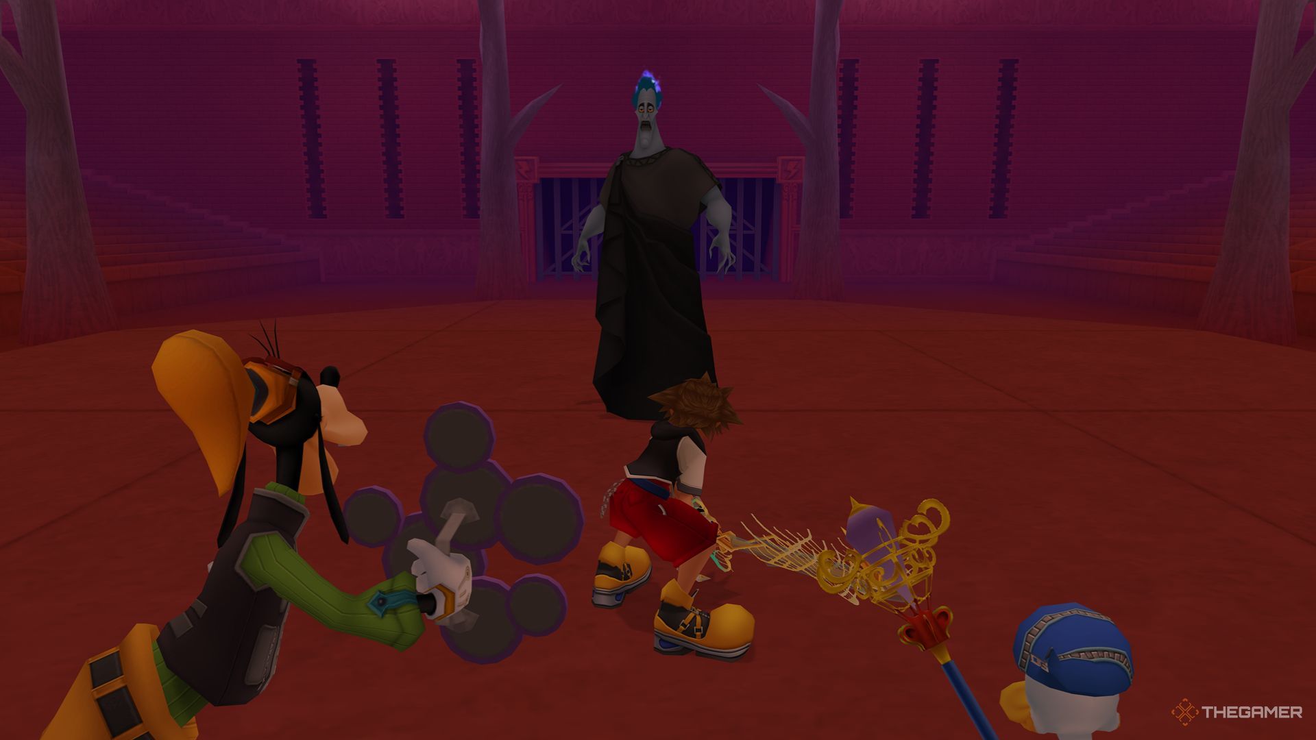 El grupo que se prepara para luchar contra Hades en la Copa Hades en el Olympus Colosseum en Kingdom Hearts Final Mix.