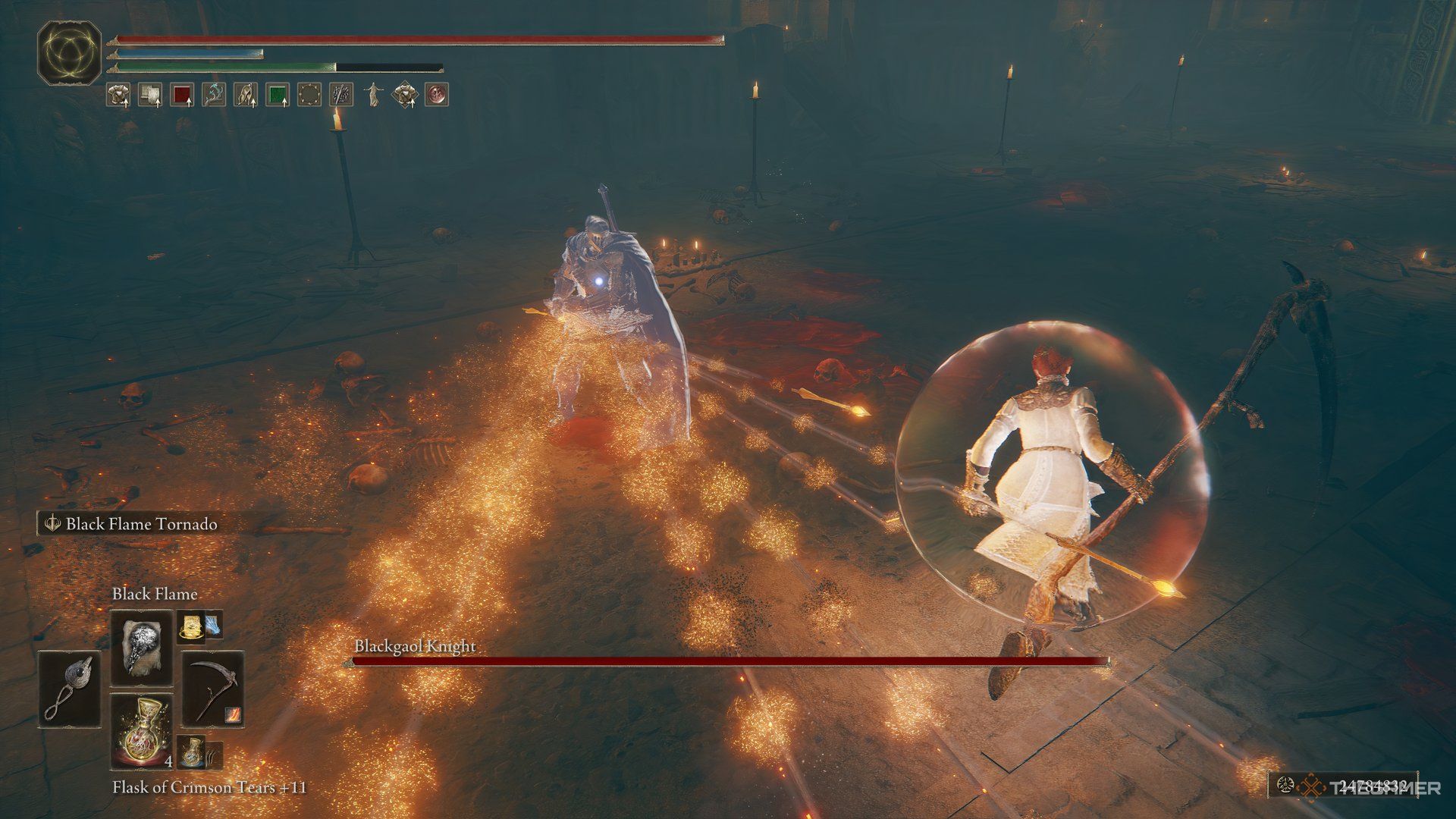 El jugador evita los disparos del Caballero Blackgaol durante el combate en Elden Ring: Shadow of the Erdtree.