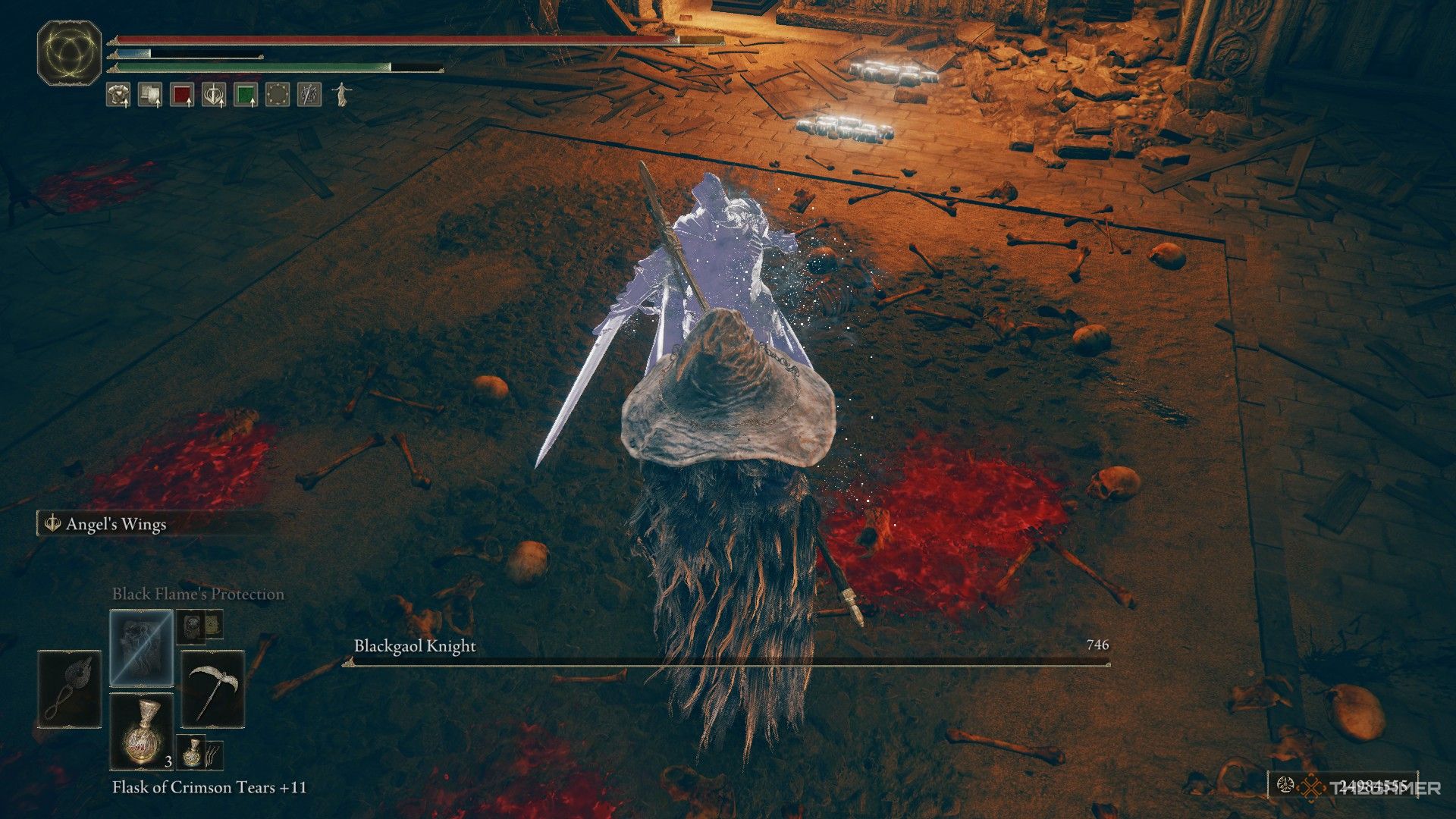 El jugador se encuentra junto al derrotado Blackgaol Knight en Elden Ring: Shadow of the Erdtree.