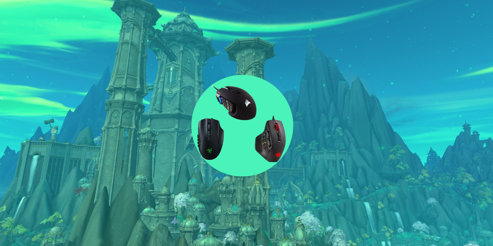 Tres ratones MMO en un círculo verde contra Valdrakken como telón de fondo.