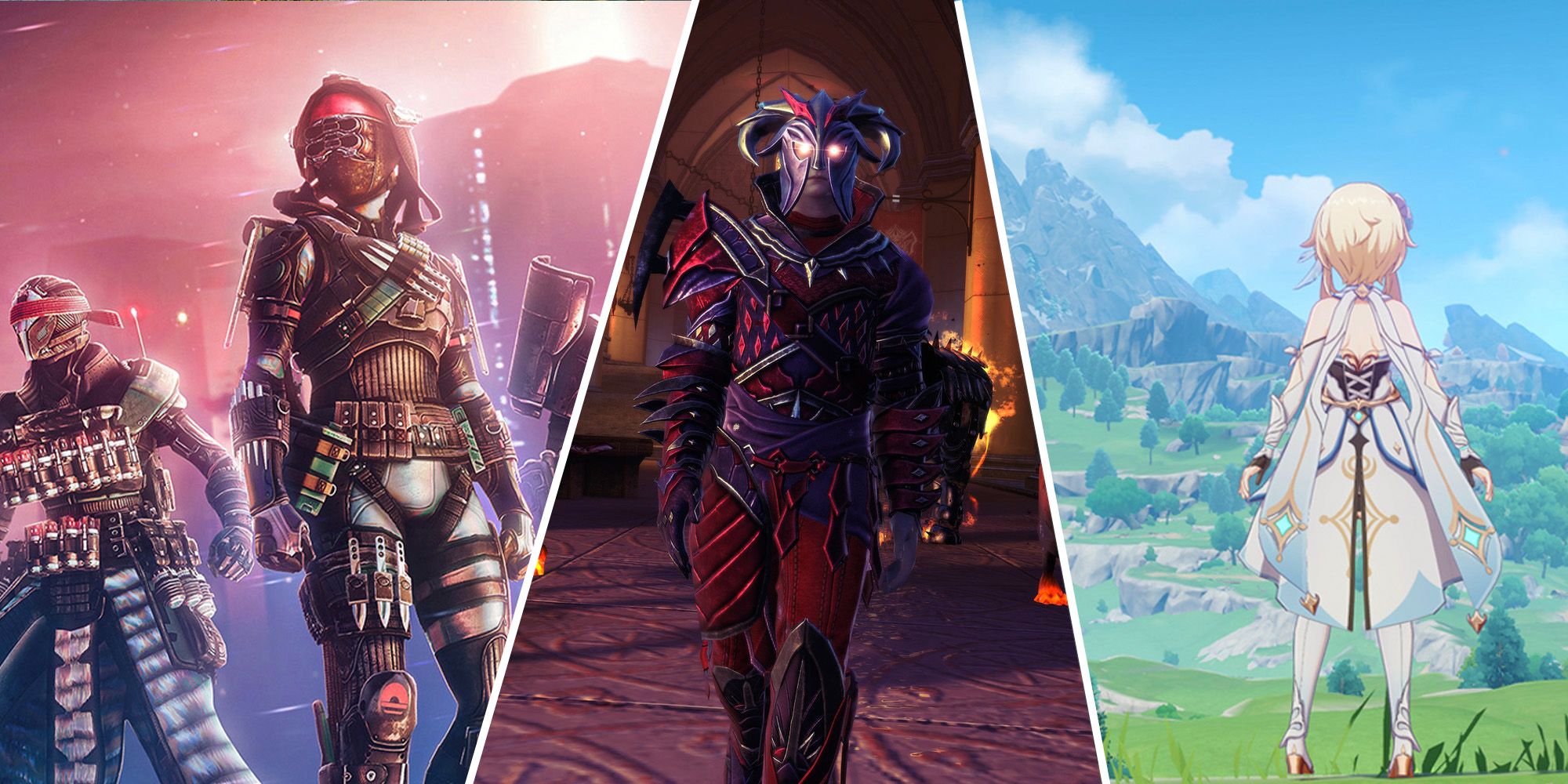 Un collage de pantallas de impacto de Destiny 2, Neverwinter y Genshin.