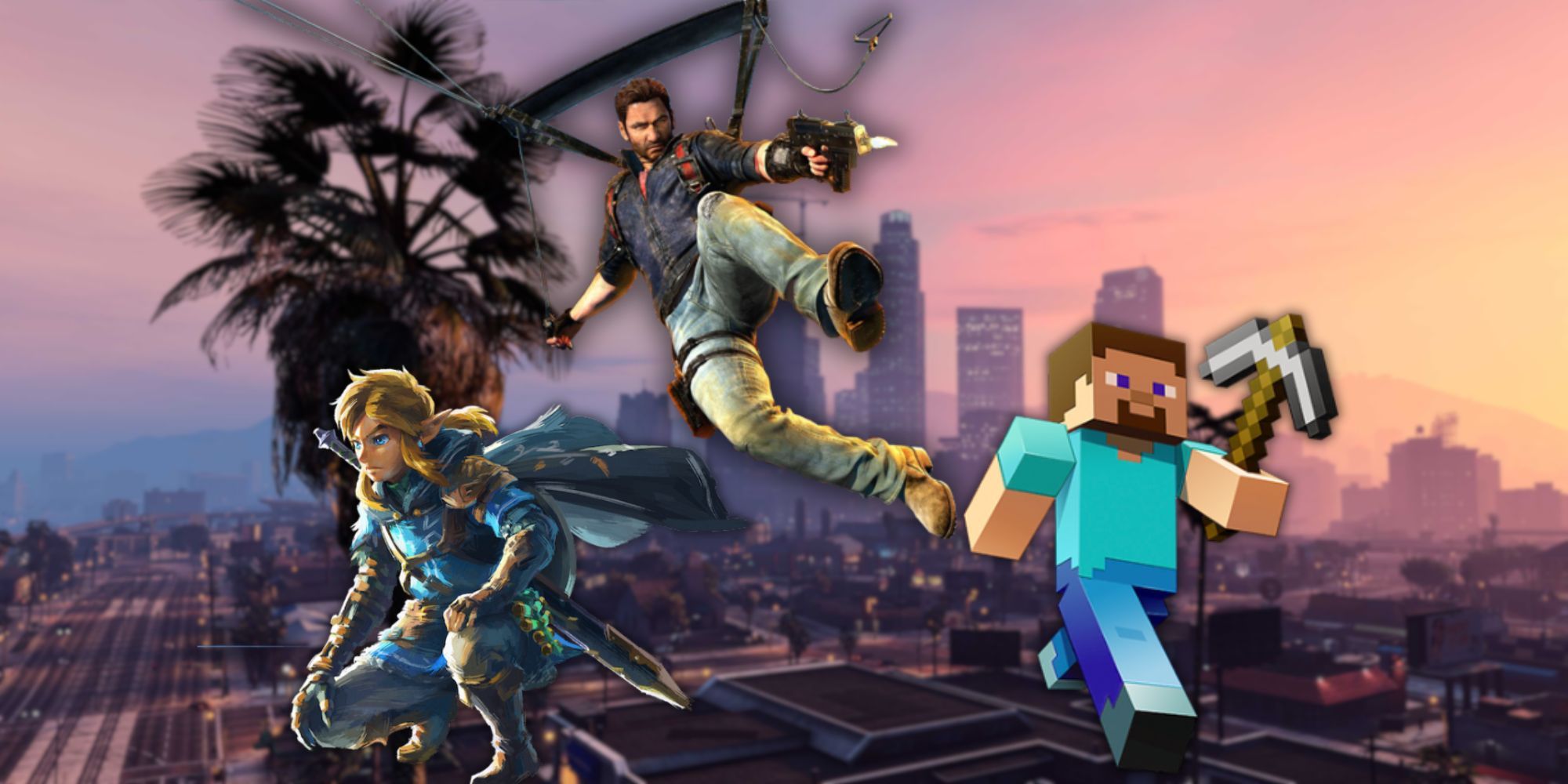 Sandbox Games Imagen destacada Fondo de Los Santos con el personaje de Just Cause 3, Link y Minecraft Steve en primer plano
