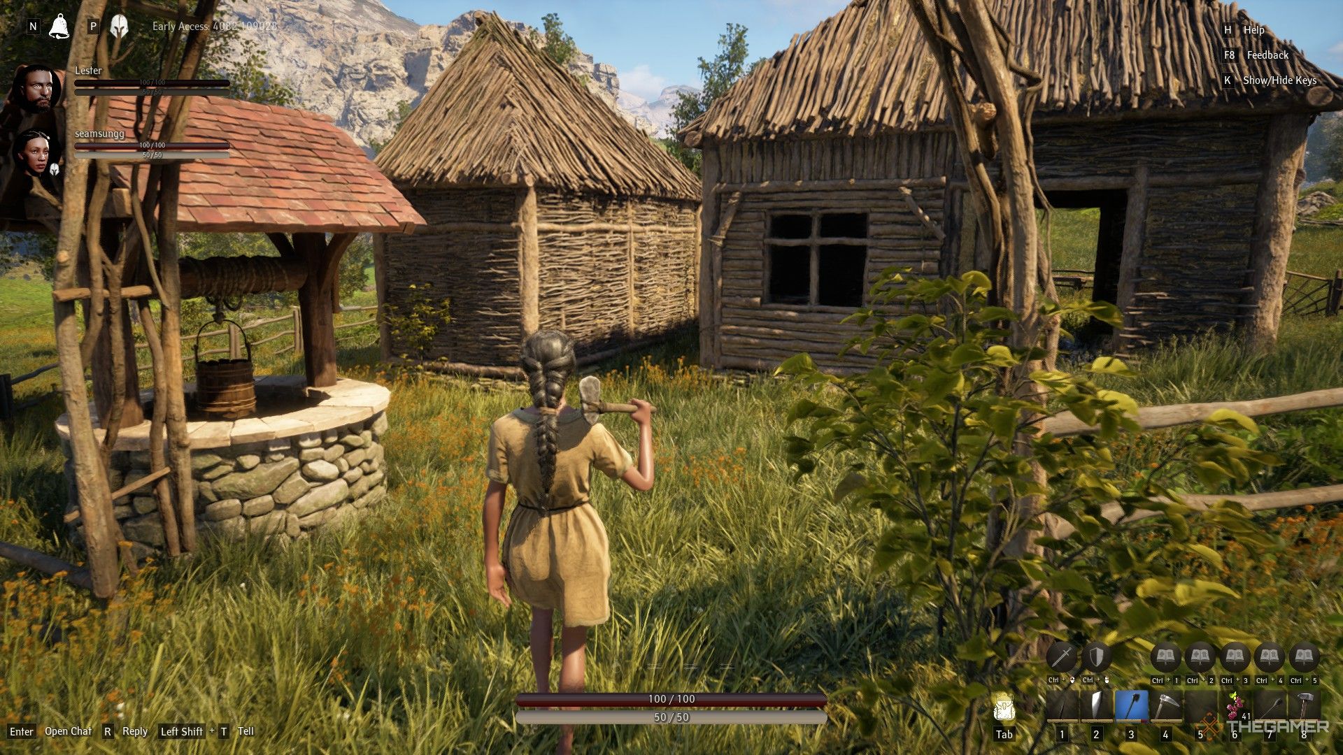 Jugador de Pax Dei cerca de pozos y casas.