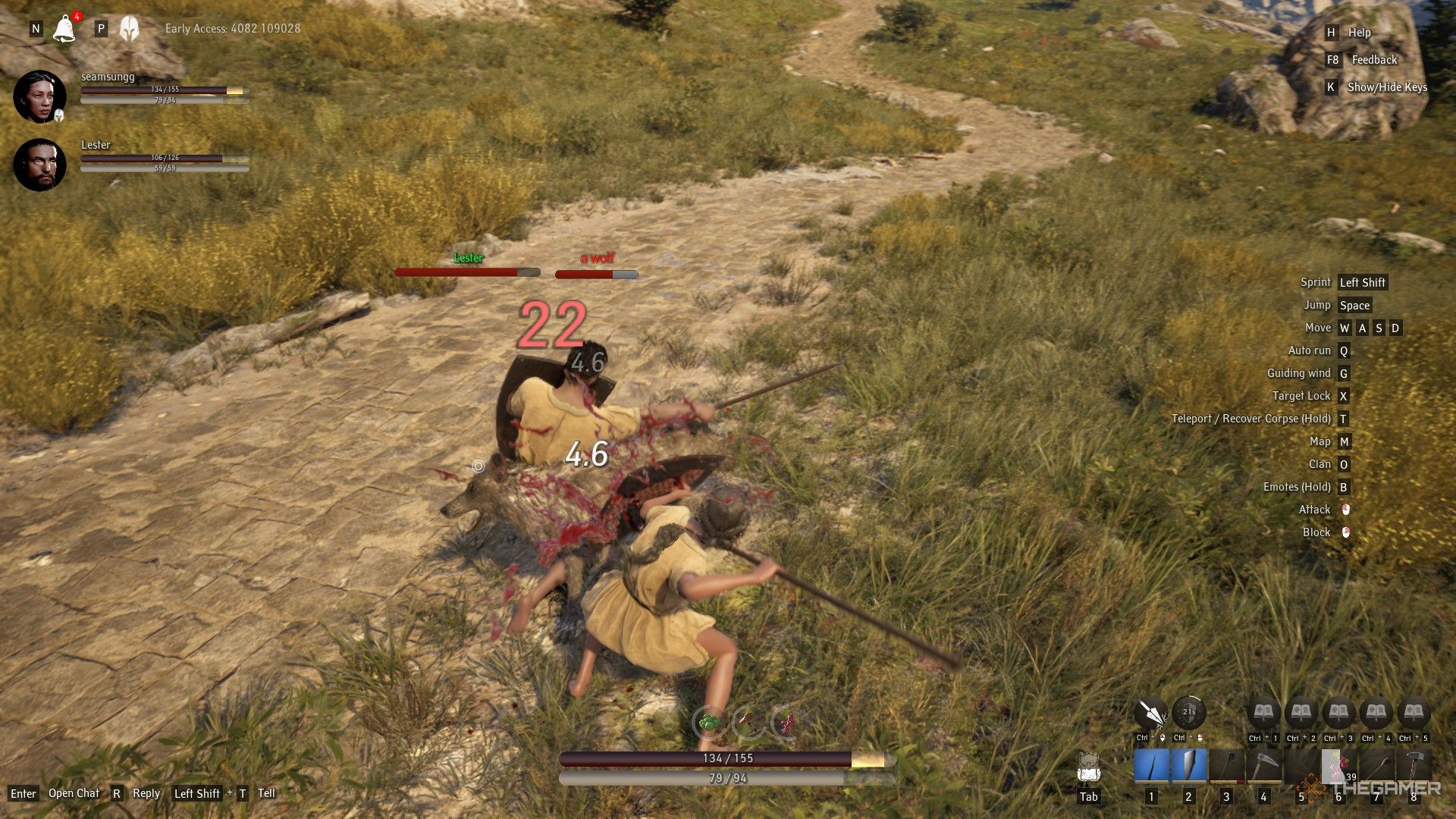 Pax Dei, dos jugadores luchando contra un lobo con lanzas.