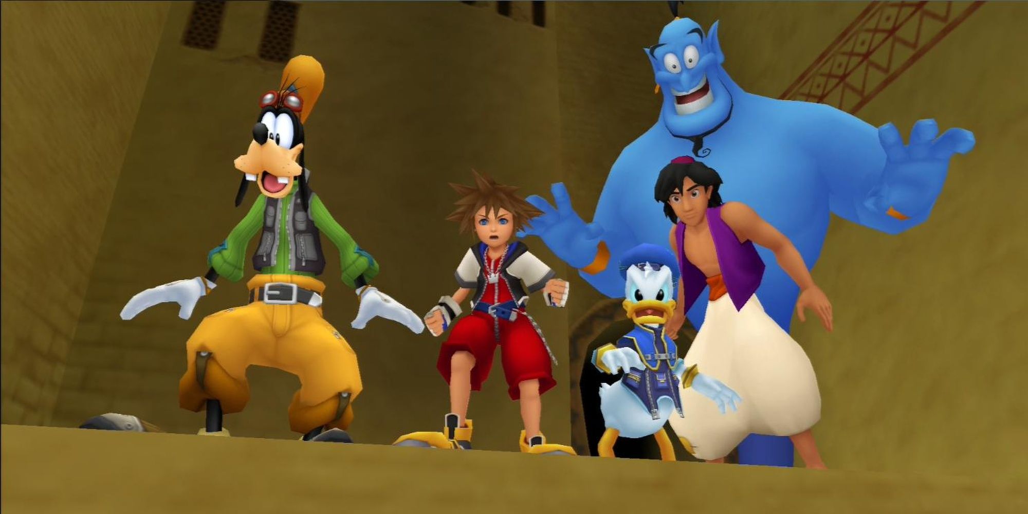 Goofy, Sora, Donald, Genie y Aladdin en Kingdom Hearts