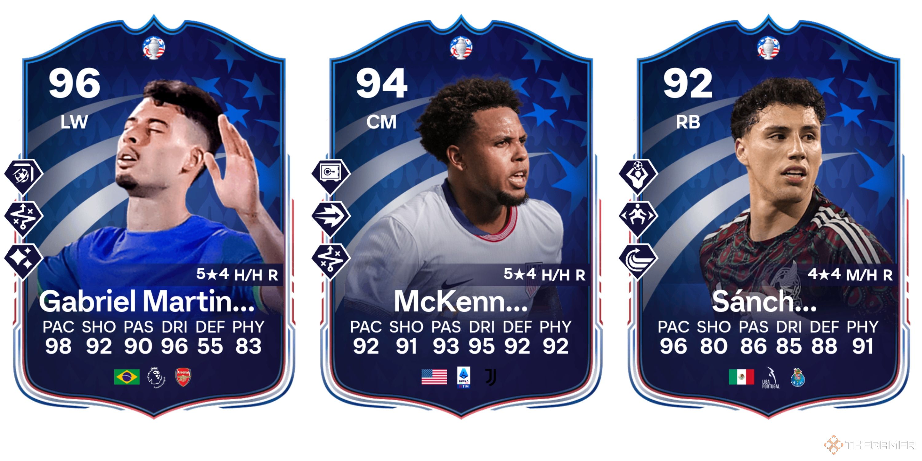 Imagen que muestra la tarjeta EVO de Martinelli, McKennie y Sanchez en EA Sports FC 24 