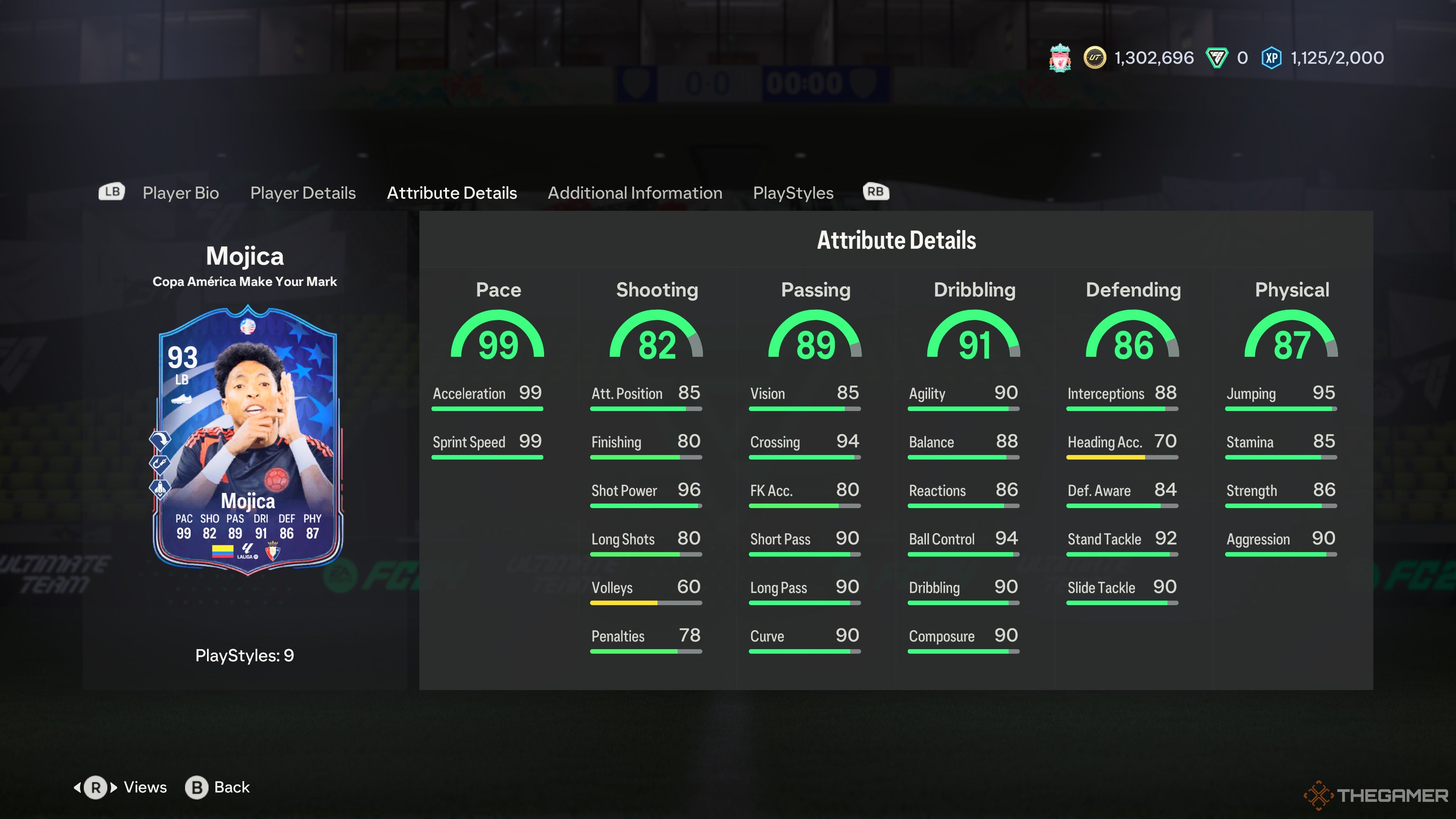 Atributos de la tarjeta de desafío Make Your Mark de Johan Mojica en EA Sports FC 24.