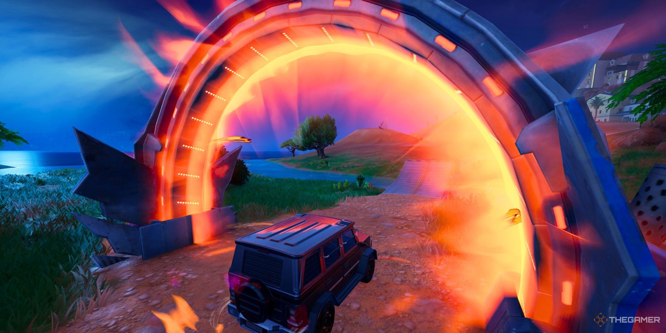 Una foto de un vehículo en Fortnite atravesando un aro de impulso llameante. 