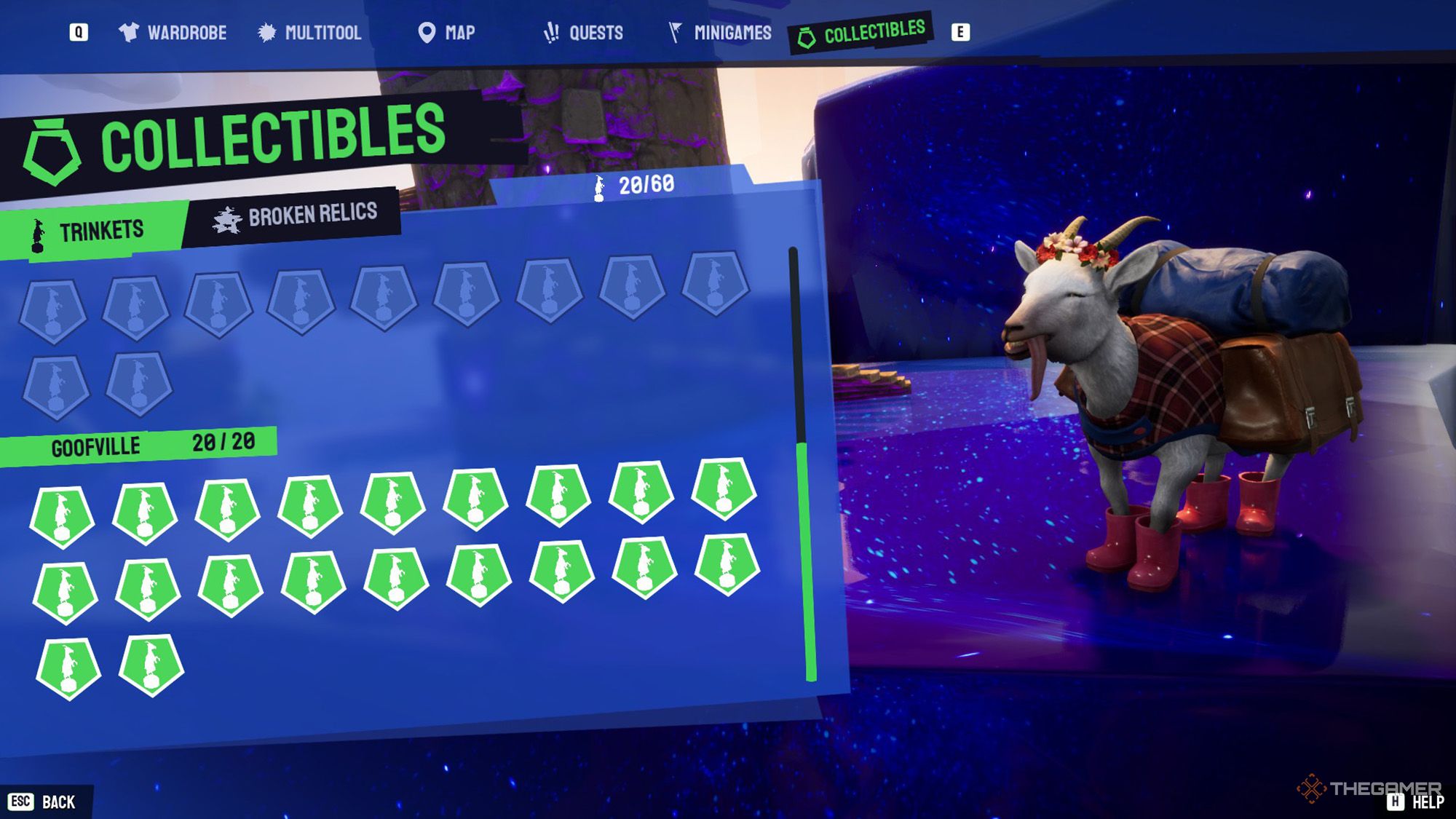 La pantalla de coleccionables muestra todas las baratijas de Goofville recolectadas en Goat Simulator 3 Multiverse of Nonsense.