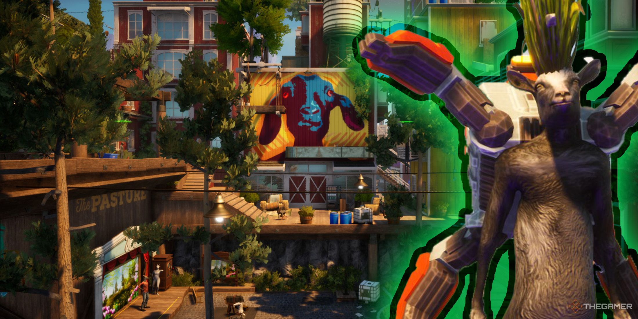 Escena de Goatroit City y personaje de Missing Link que usa la mochila de Molly en Goat Simulator 3.