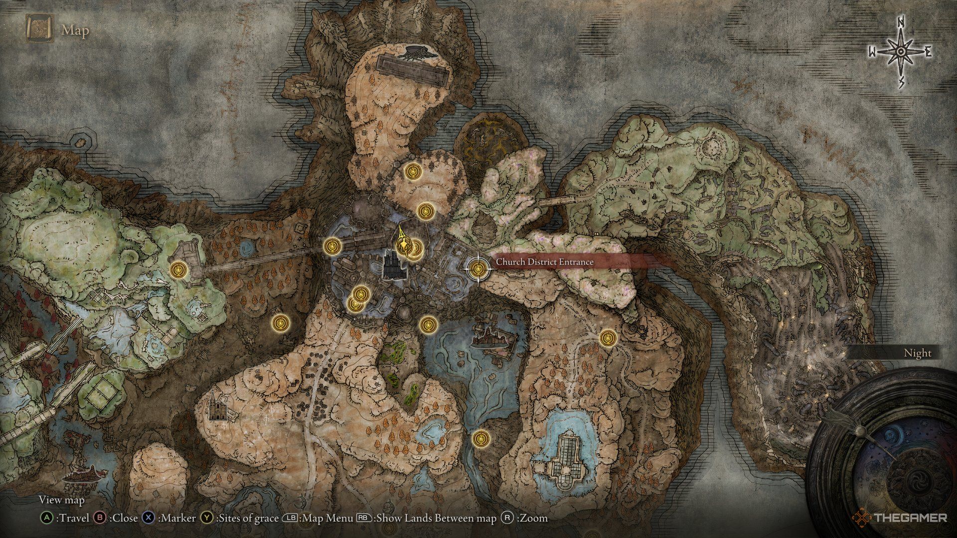 La ubicación de la entrada del Distrito de la Iglesia marcada en el mapa.