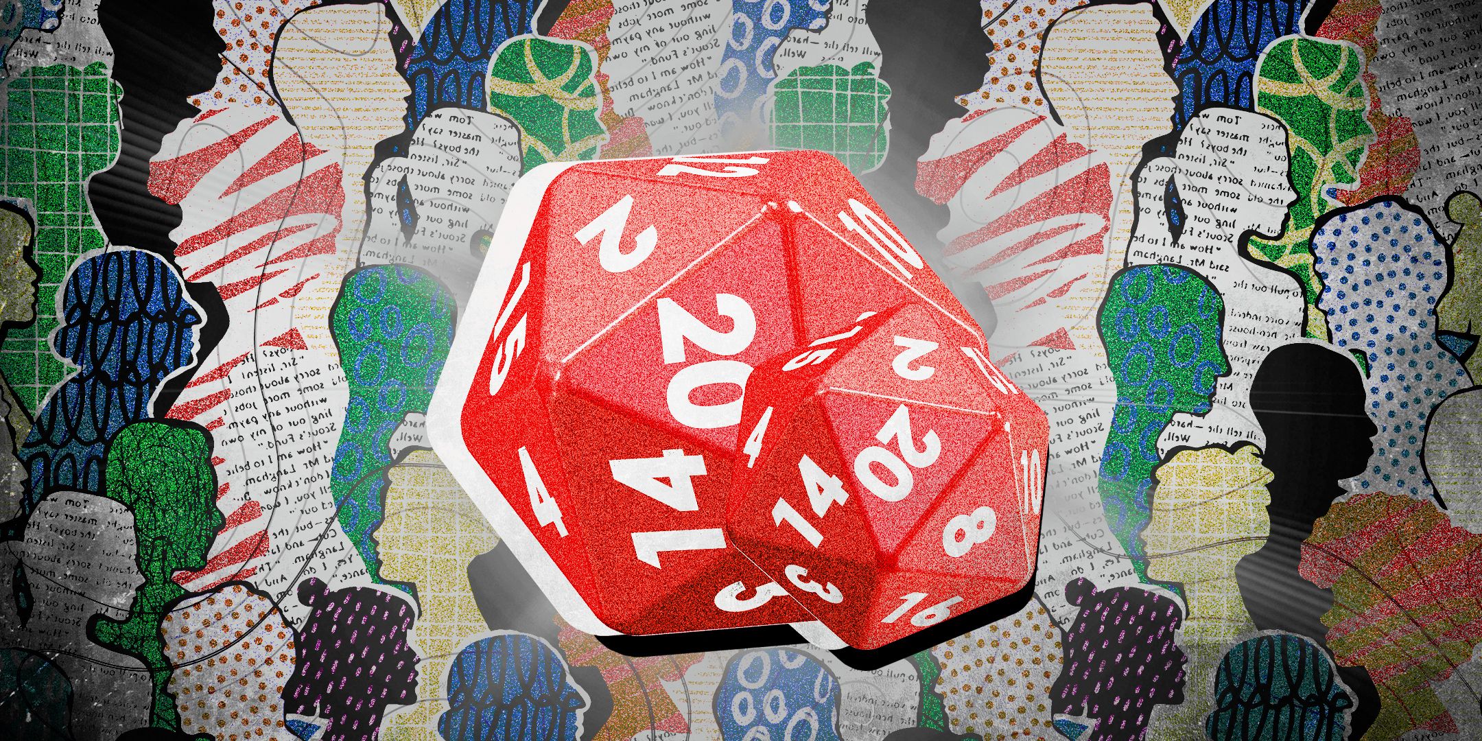 Dos D20 delante de un montaje de caras de dibujos animados