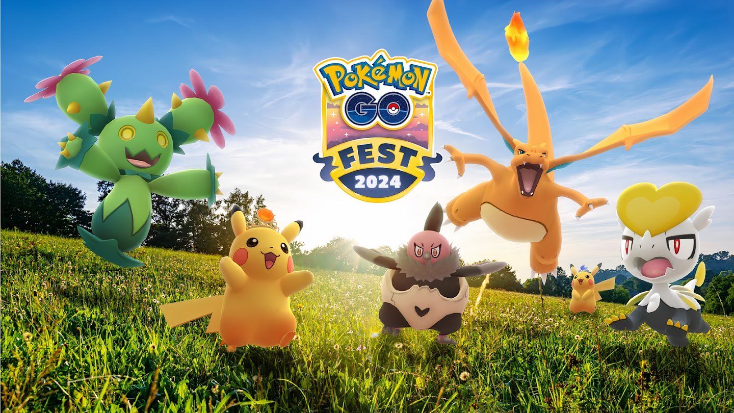 Imagen de Maractus, Pikachu, Vullaby, Charizard y Jangmo-o parados en la hierba.