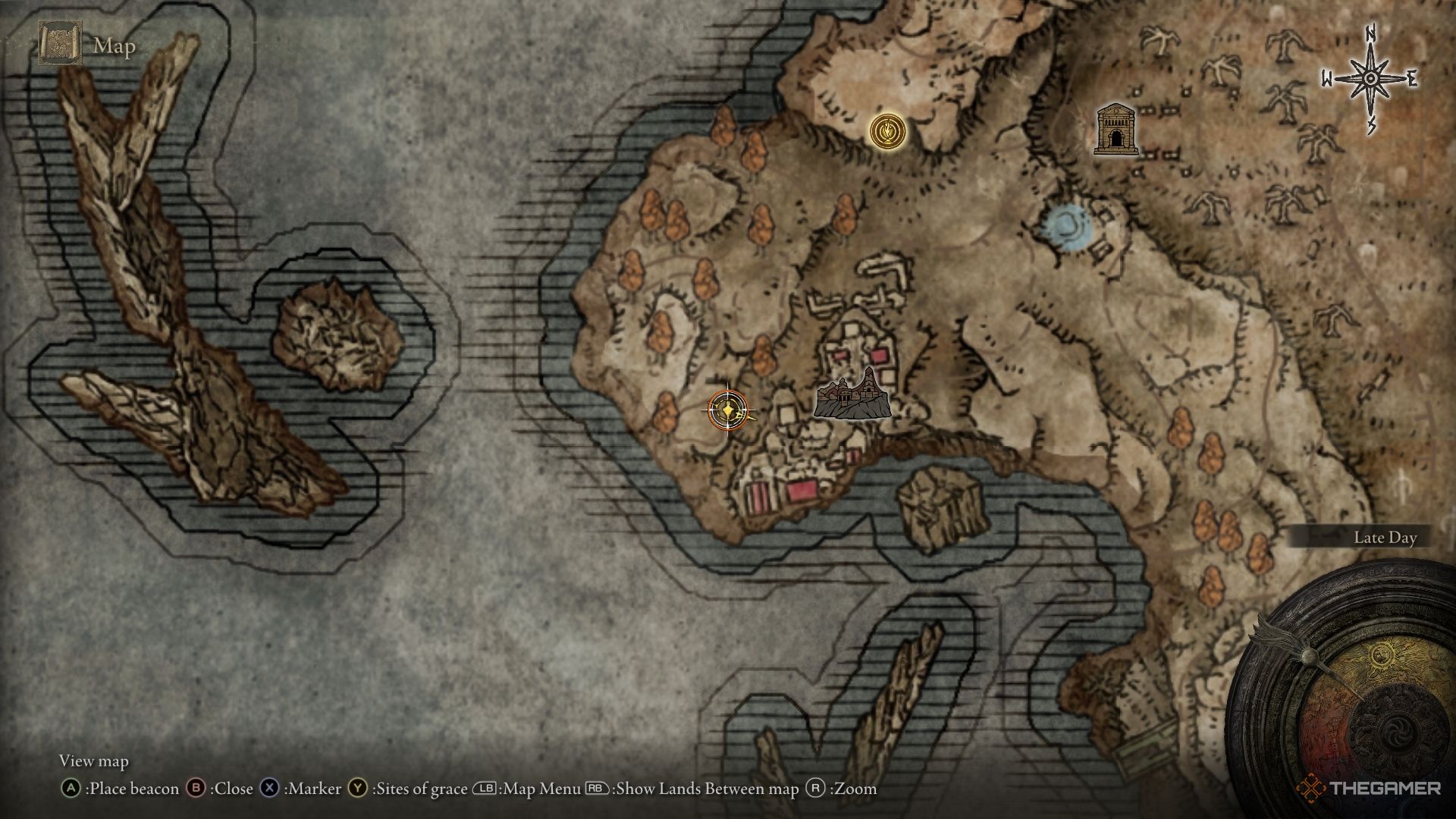 Mapa de Shadow of the Erdtree que muestra la ubicación del cojinete de campana del vendedor de cuerdas en Elden Ring.