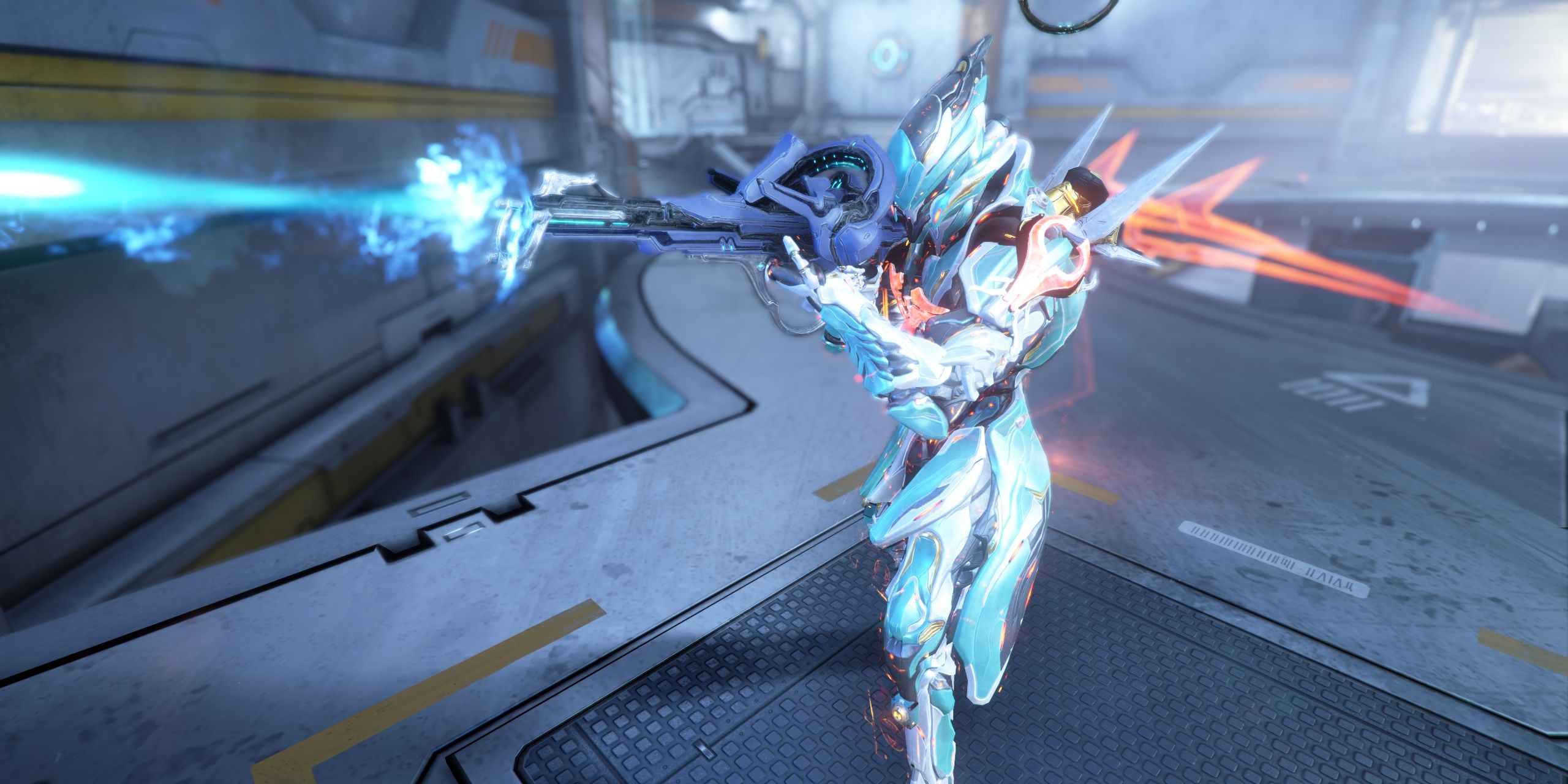 Gauss disparando al Quellor en Warframe.