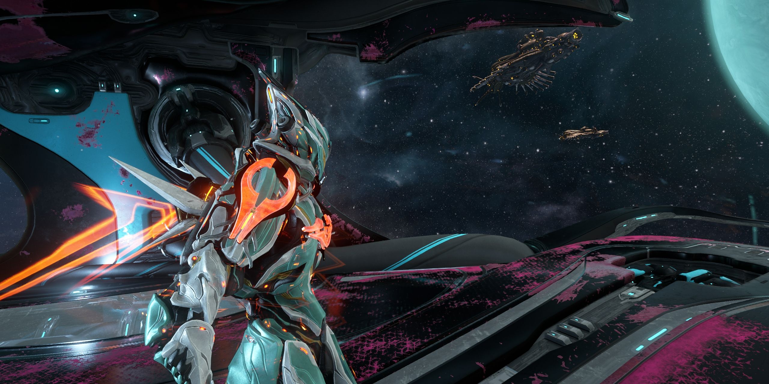 Gauss de pie en el Railjack en Warframe