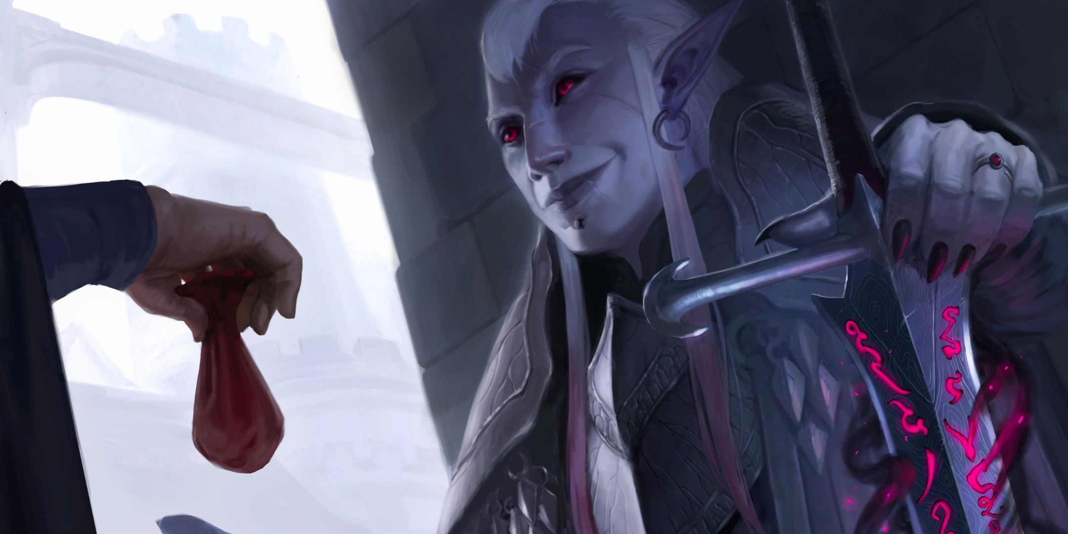 Drow con espada mágica acepta oro en bolsa